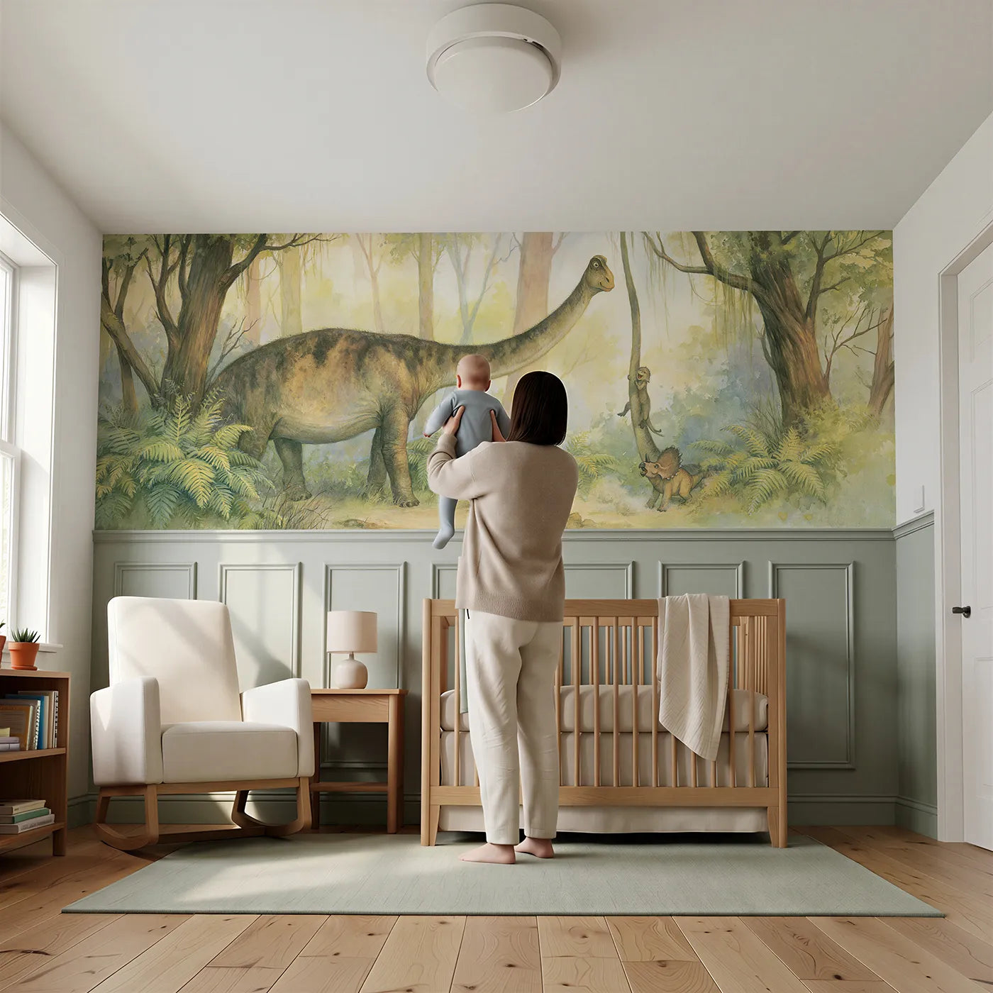 Child reading near Sauropod Slide Playtime Wainscoting Wallpaper by Whimsy Tots