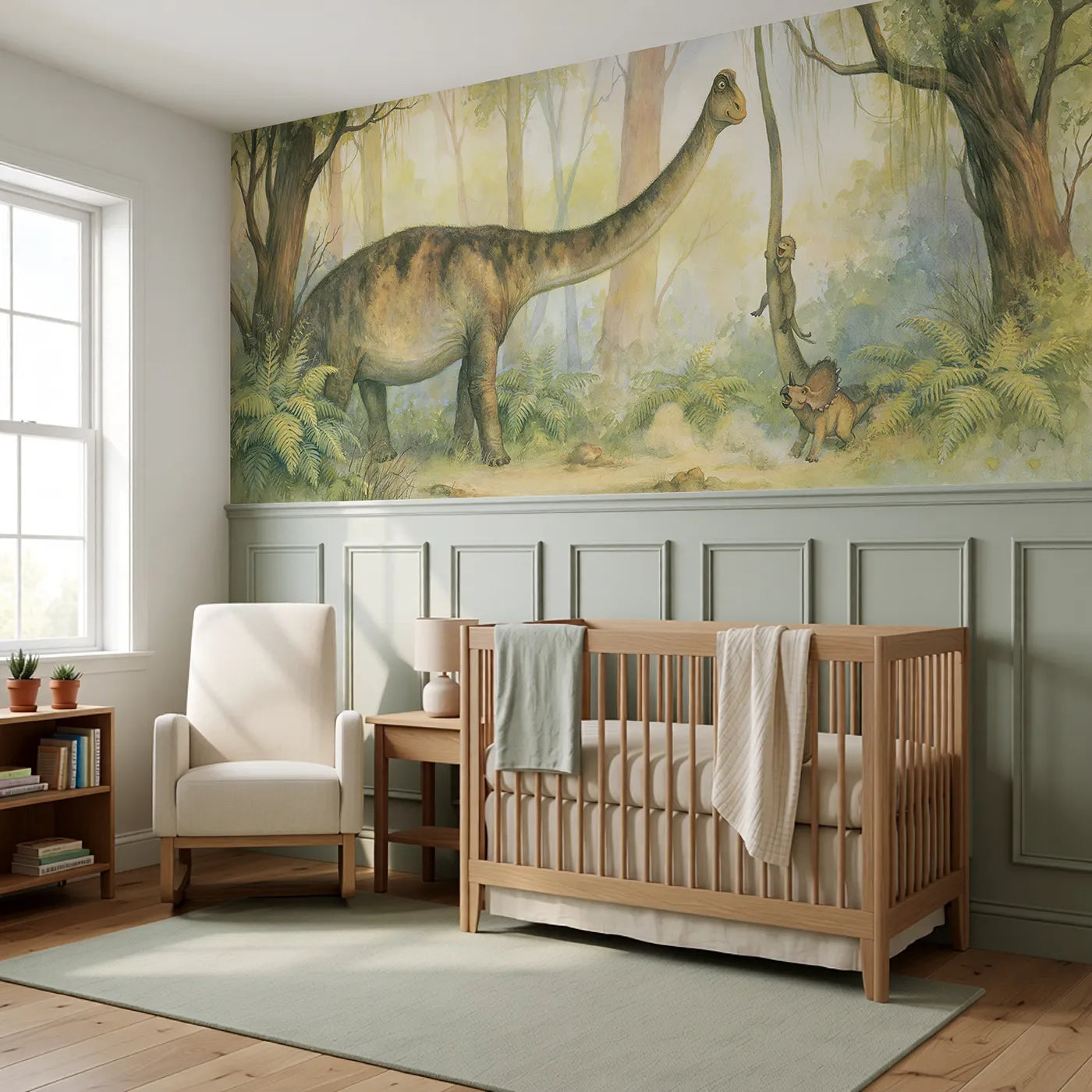 Sauropod Slide Playtime Wainscoting Wallpaper styled in a kids room by Whimsy Tots