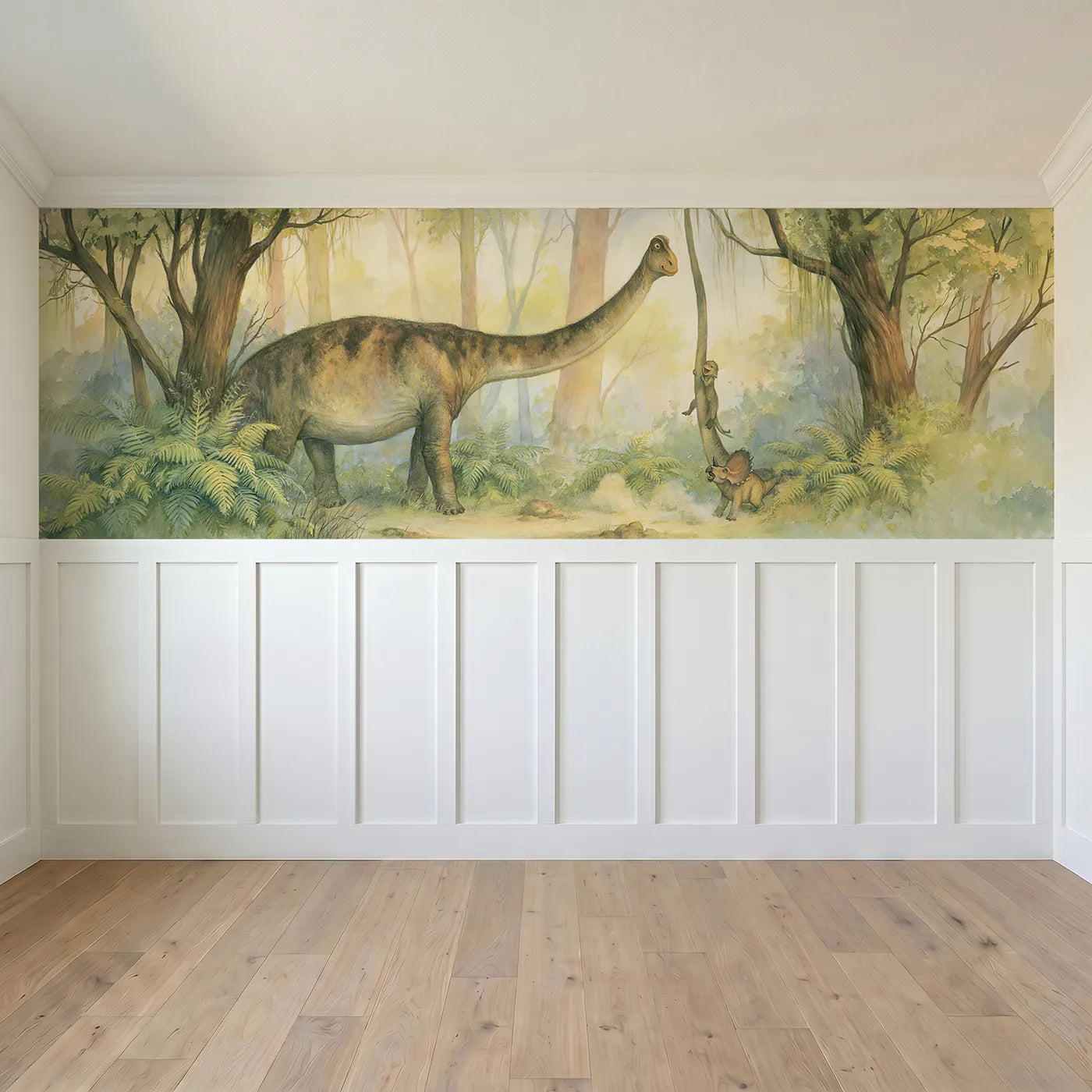 Full panel view of Sauropod Slide Playtime Wainscoting Wallpaper by Whimsy Tots
