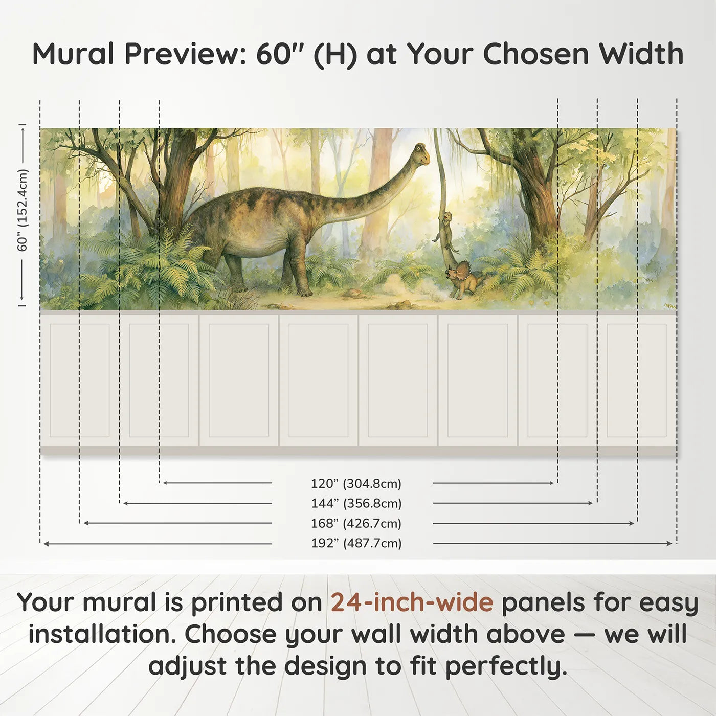 Panel dimensions for Sauropod Slide Playtime Wainscoting Wallpaper by Whimsy Tots
