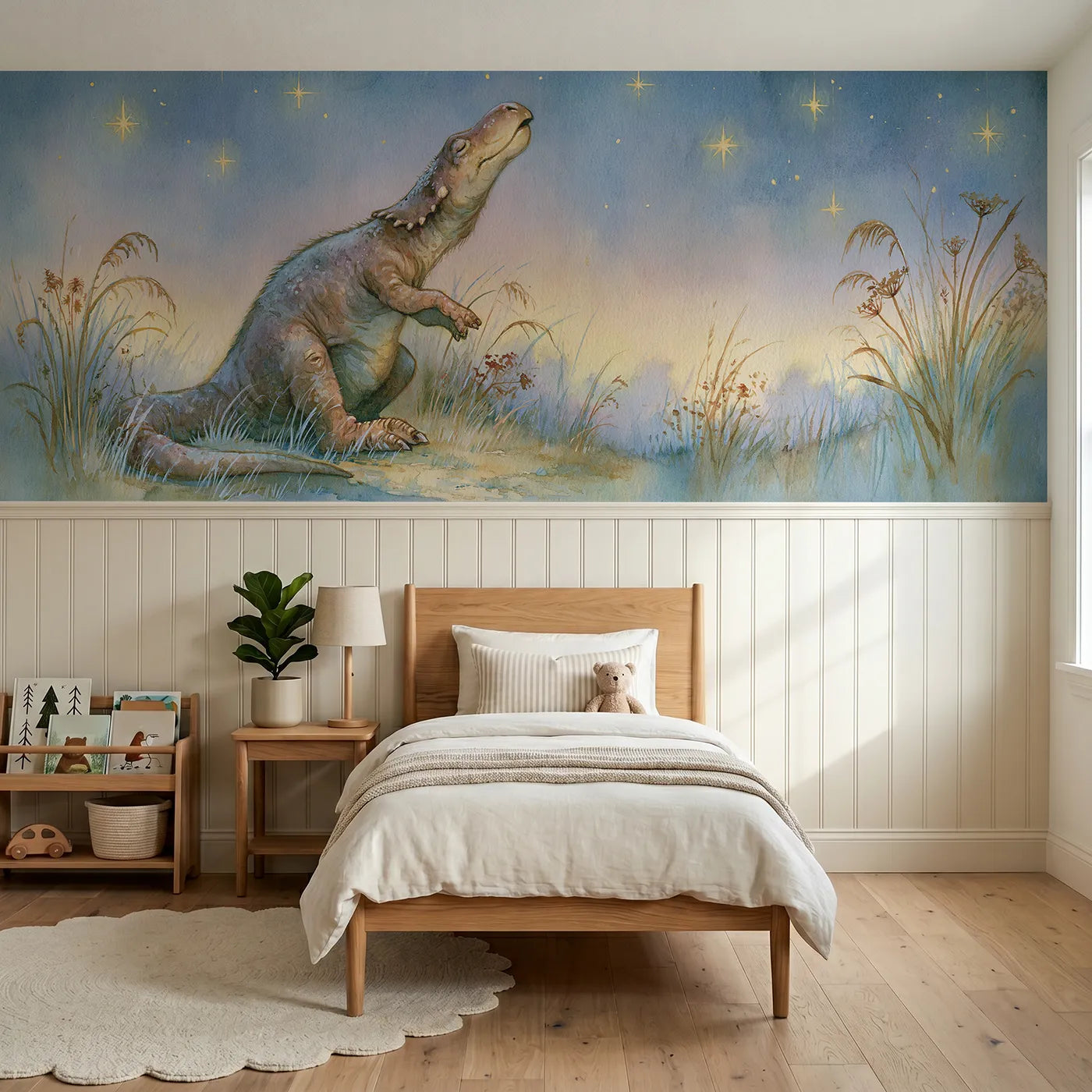 Storybook wainscoting wallpaper of a t-rex yawning under the stars by Whimsy Tots