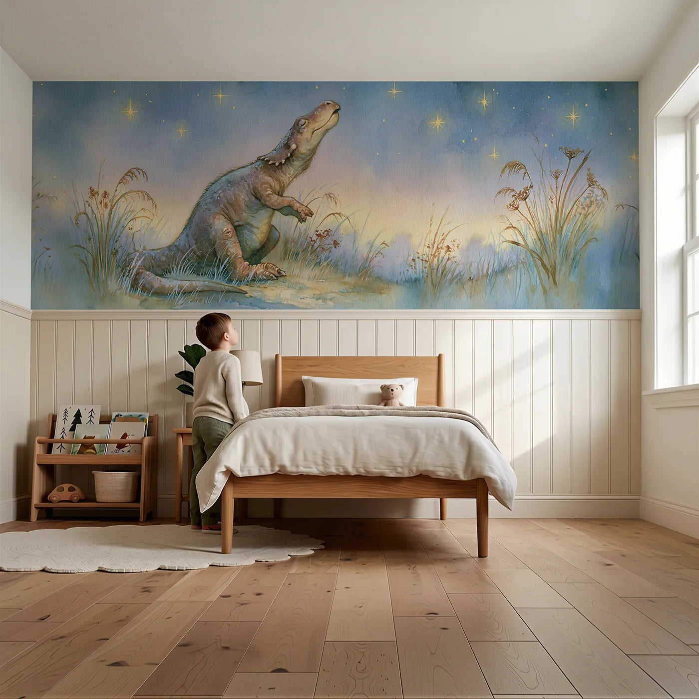 Child reading near T-Rex Sleepy Bedtime Yawn Wainscoting Wallpaper by Whimsy Tots