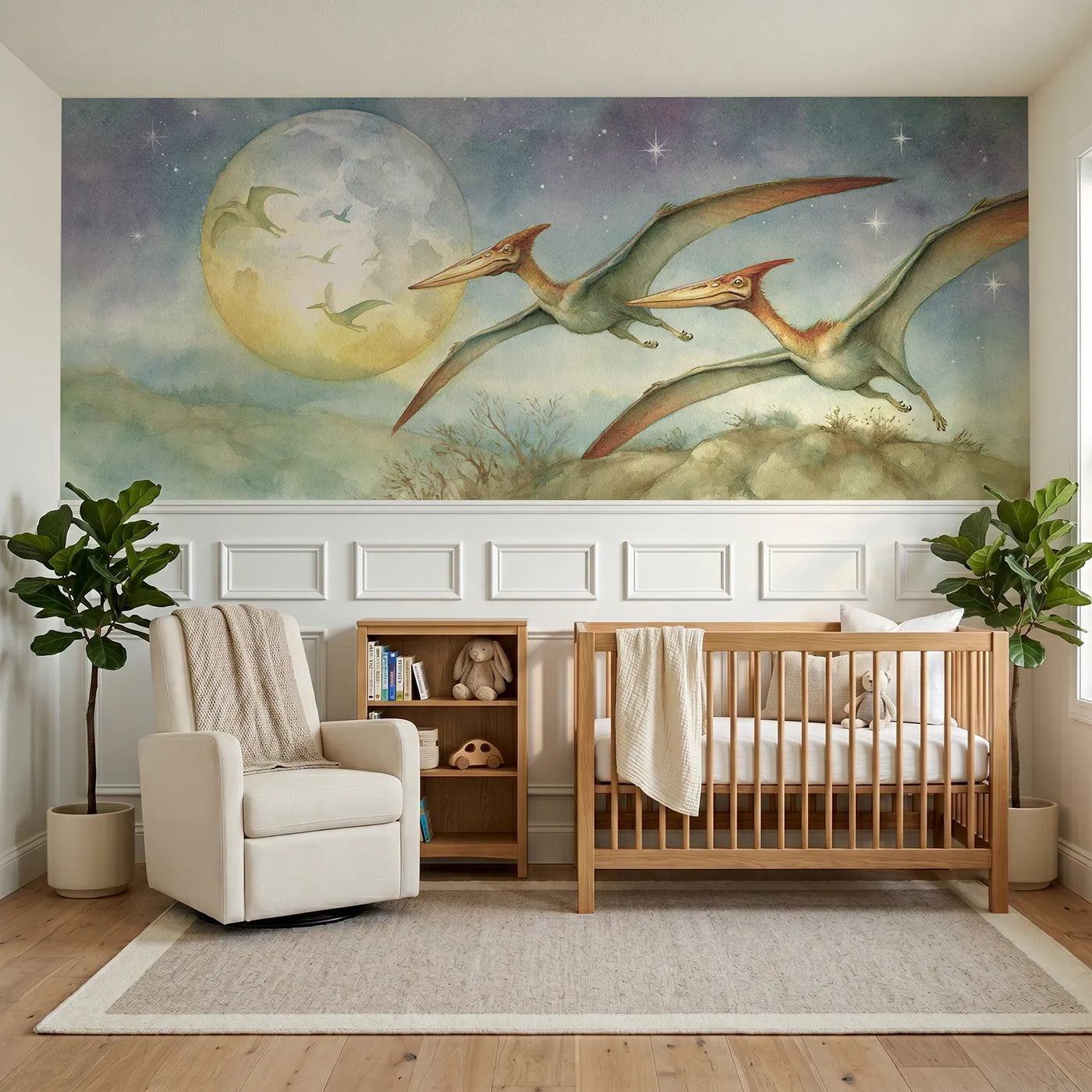 Storybook wainscoting mural of pterosaurs gliding past the moon by Whimsy Tots