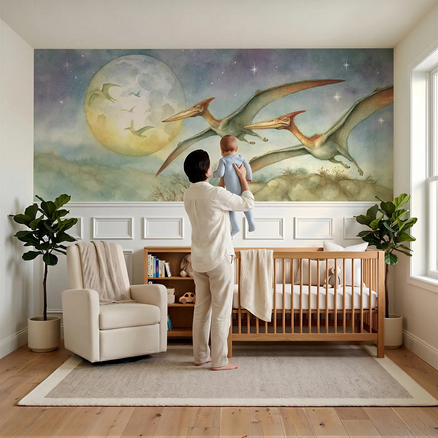 Child reading near Pterosaur Moonlit Glide Wainscoting Wallpaper by Whimsy Tots