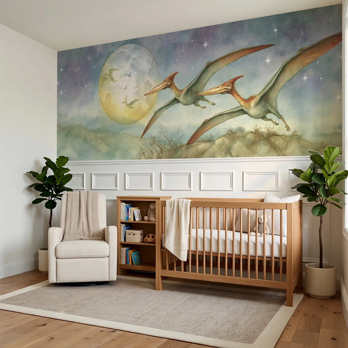 Pterosaur Moonlit Glide Wainscoting Wallpaper styled in a kids room by Whimsy Tots
