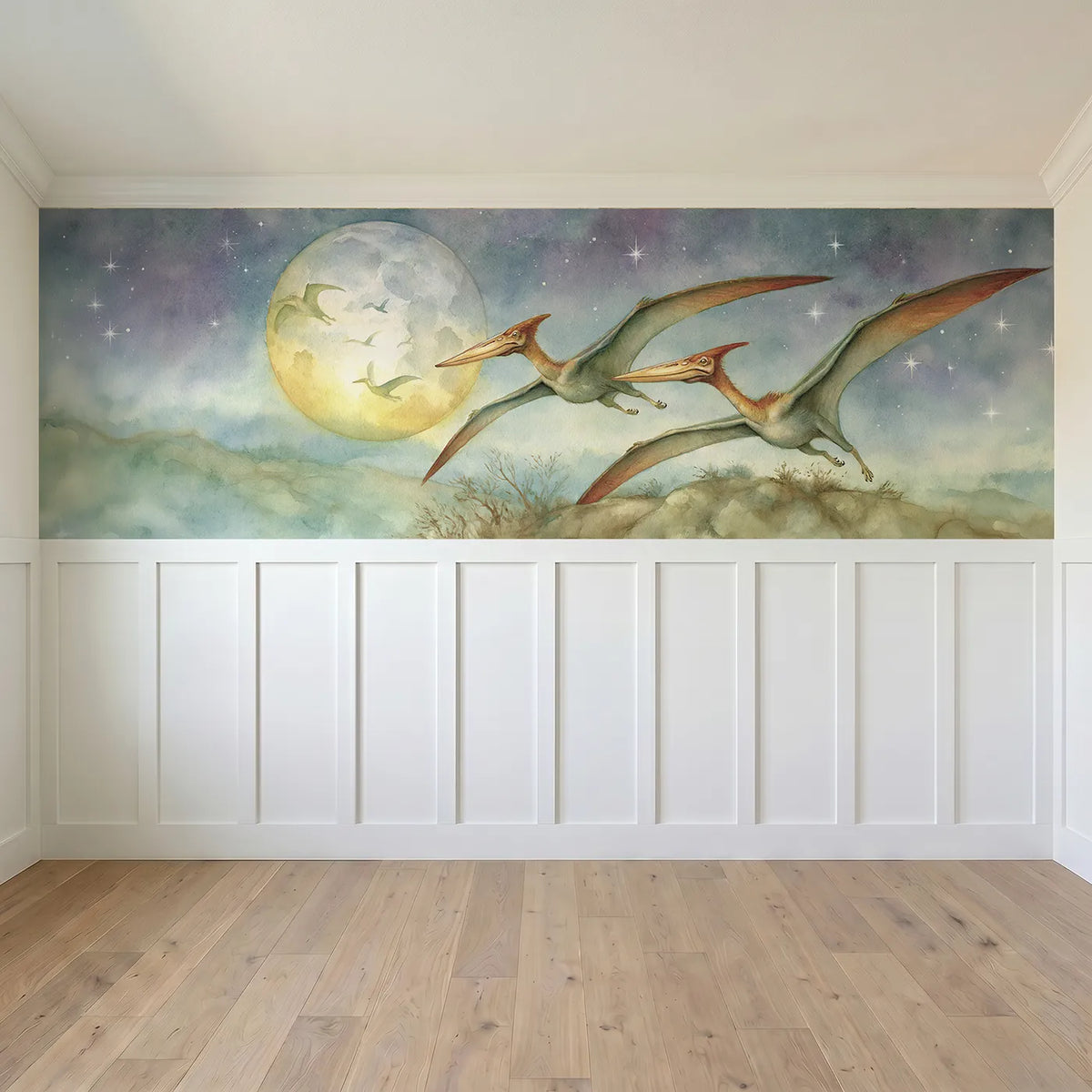 Full panel view of Pterosaur Moonlit Glide Wainscoting Wallpaper by Whimsy Tots