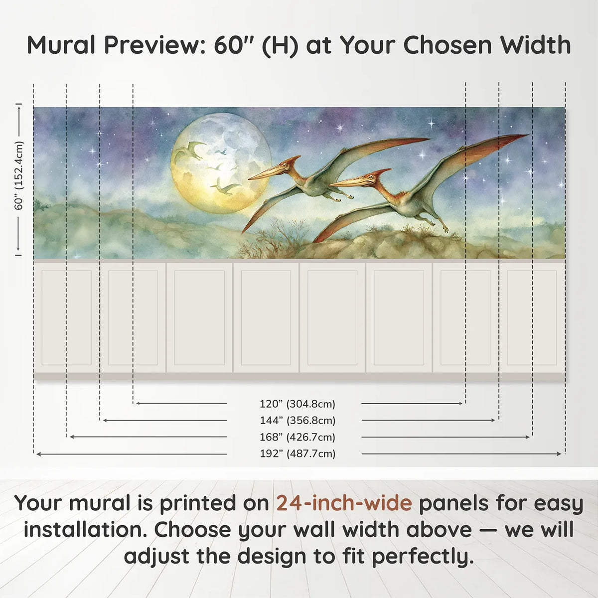 Panel dimensions for Pterosaur Moonlit Glide Wainscoting Wallpaper by Whimsy Tots