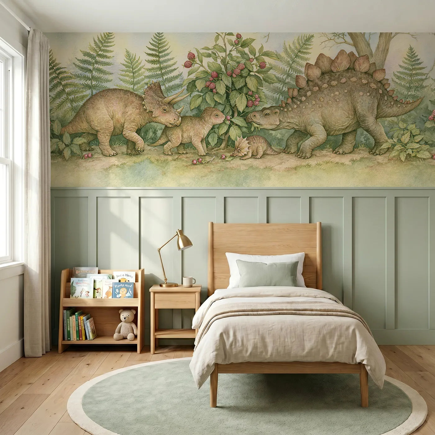 Storybook wainscoting wallpaper of dinosaurs sharing a berry bush by Whimsy Tots