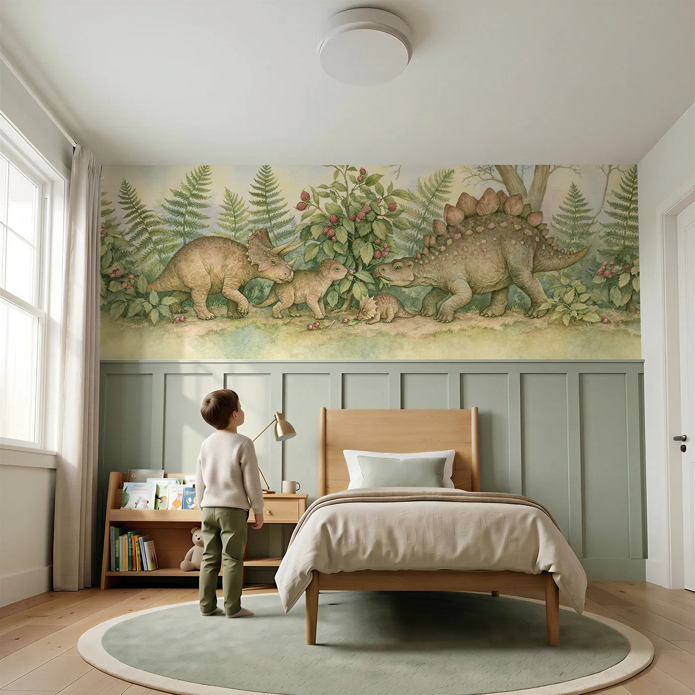 Child reading near Dino Friends Berry Bush Wainscoting Wallpaper by Whimsy Tots