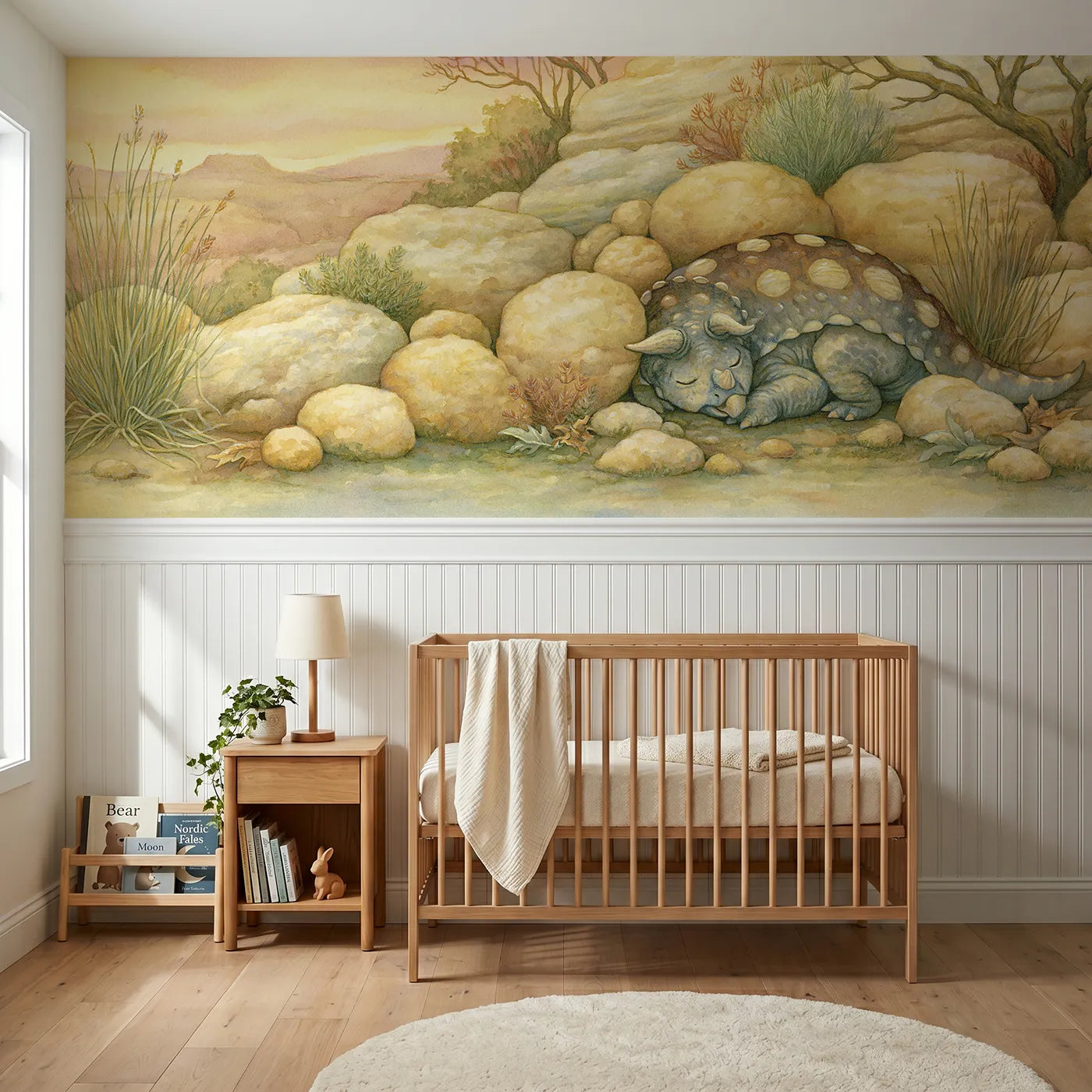 Storybook wainscoting wallpaper of an ankylosaurus napping among boulders by Whimsy Tots