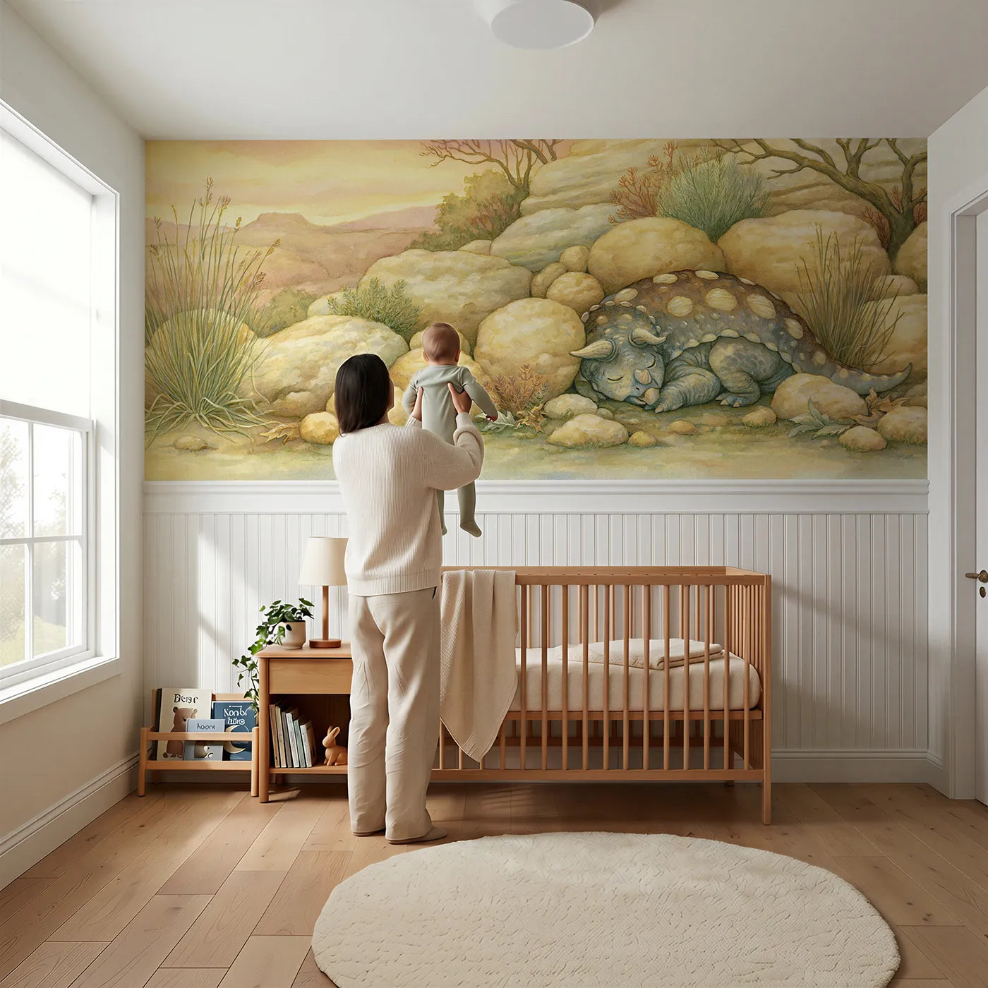 Child reading near Ankylosaurus Roly Poly Nap Wainscoting Wallpaper by Whimsy Tots