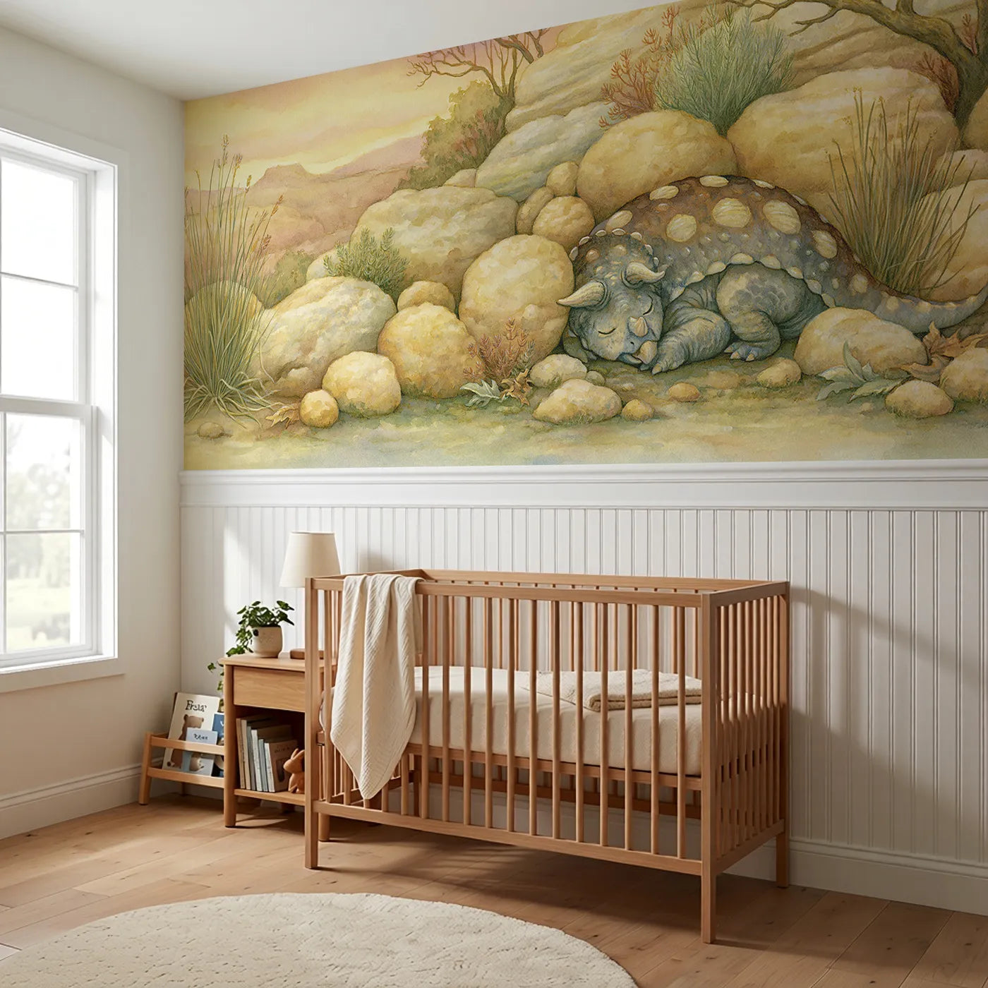 Ankylosaurus Roly Poly Nap Wainscoting Wallpaper styled in a kids room by Whimsy Tots