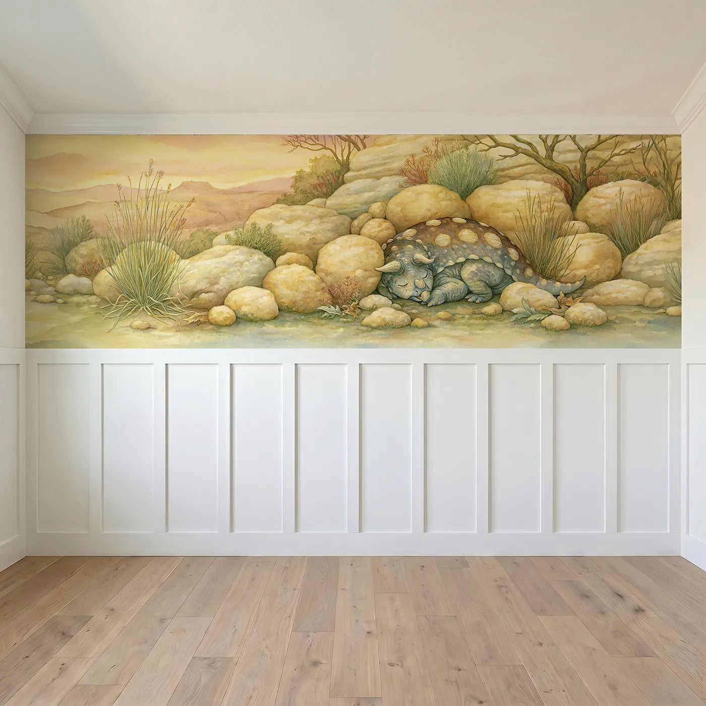 Full panel view of Ankylosaurus Roly Poly Nap Wainscoting Wallpaper by Whimsy Tots