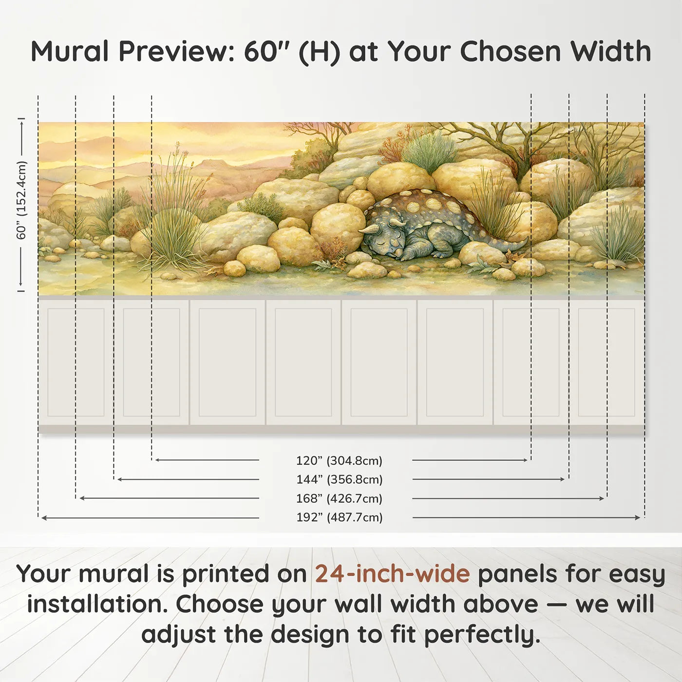 Panel dimensions for Ankylosaurus Roly Poly Nap Wainscoting Wallpaper by Whimsy Tots