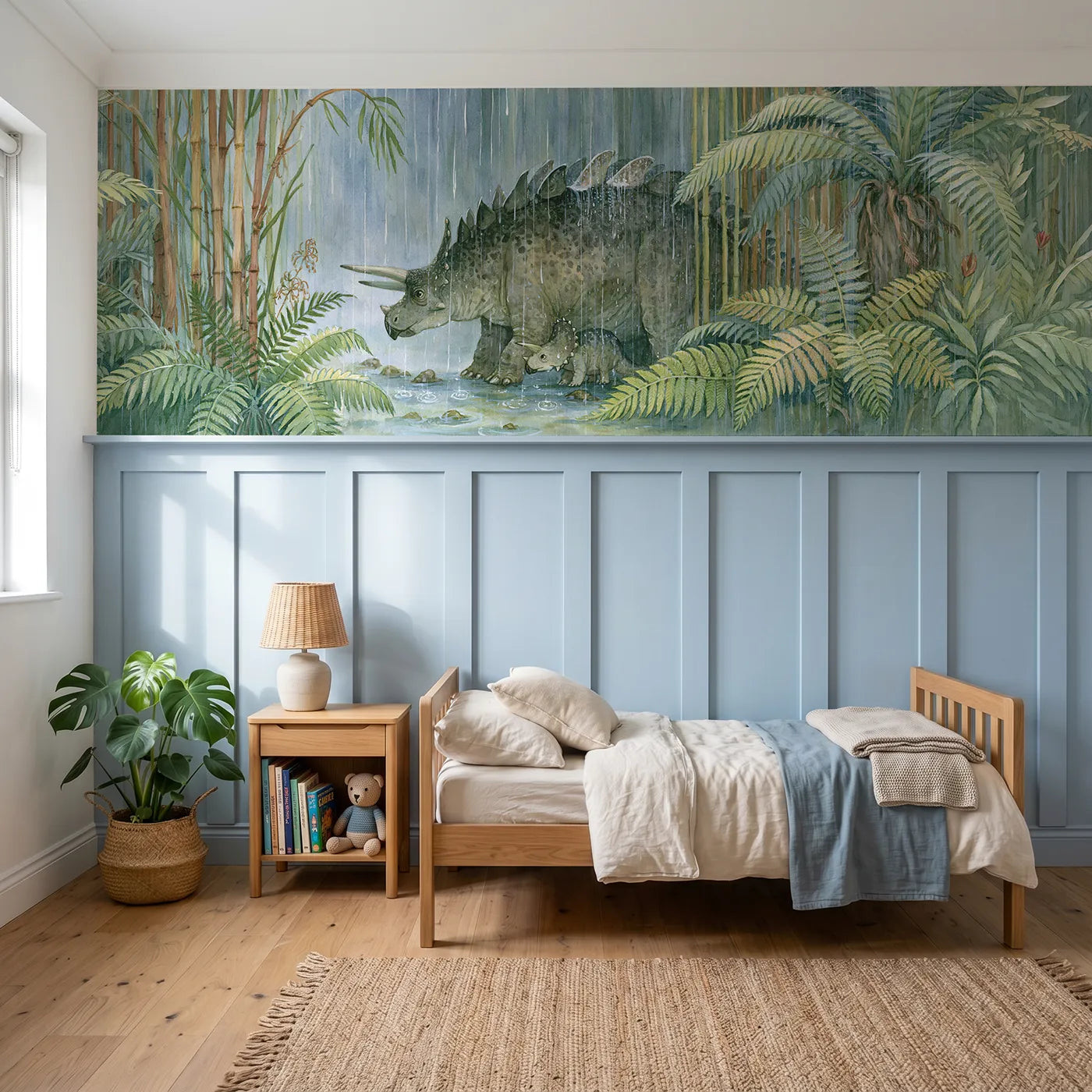 Storybook wainscoting wallpaper of a hatchling sheltering under stegosaurus plates by Whimsy Tots