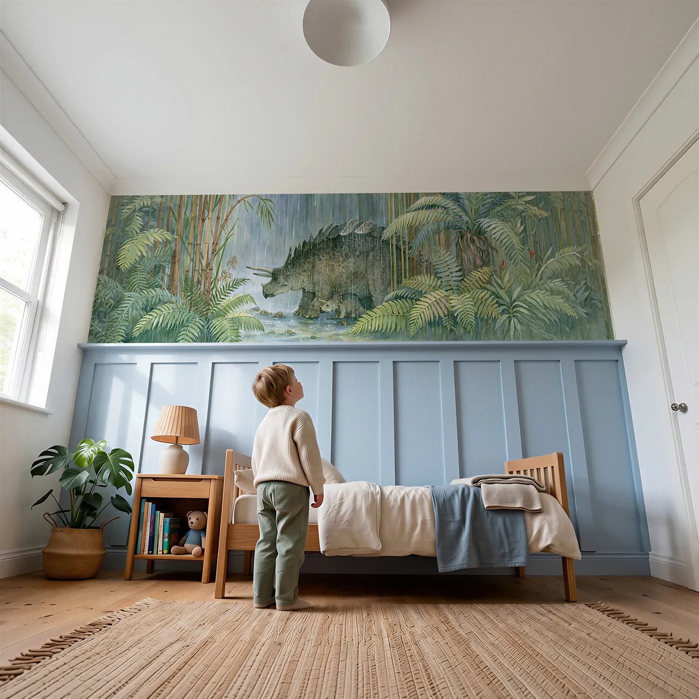 Child reading near Stegosaurus Rain Drip Plates Wainscoting Wallpaper by Whimsy Tots