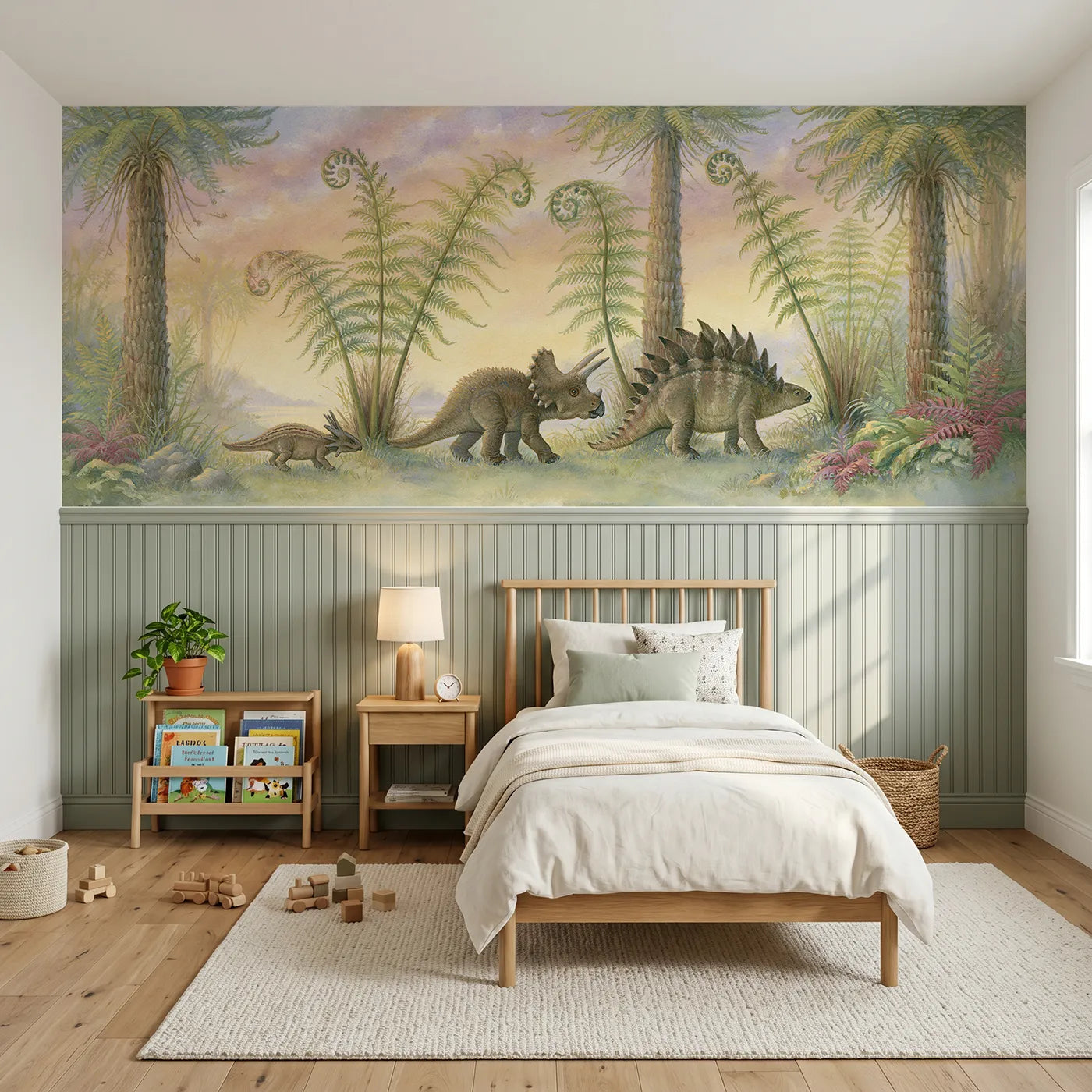 Storybook wainscoting wallpaper of baby dinos playing follow the leader by Whimsy Tots