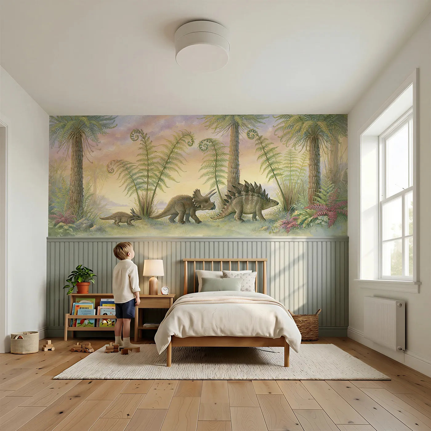 Child reading near Dino Follow the Leader Ferns Wainscoting Wallpaper by Whimsy Tots