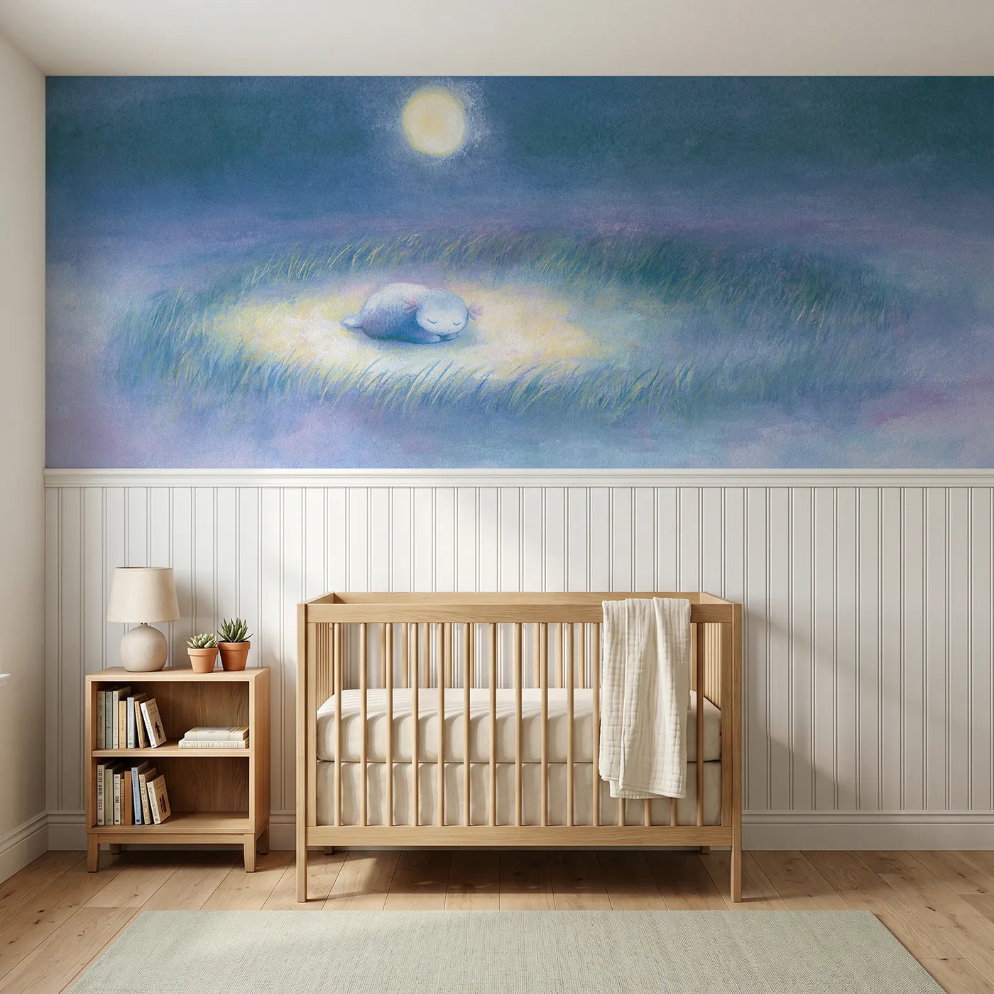 Soft pastel wainscoting wallpaper of a baby dino asleep in a moonbeam by Whimsy Tots