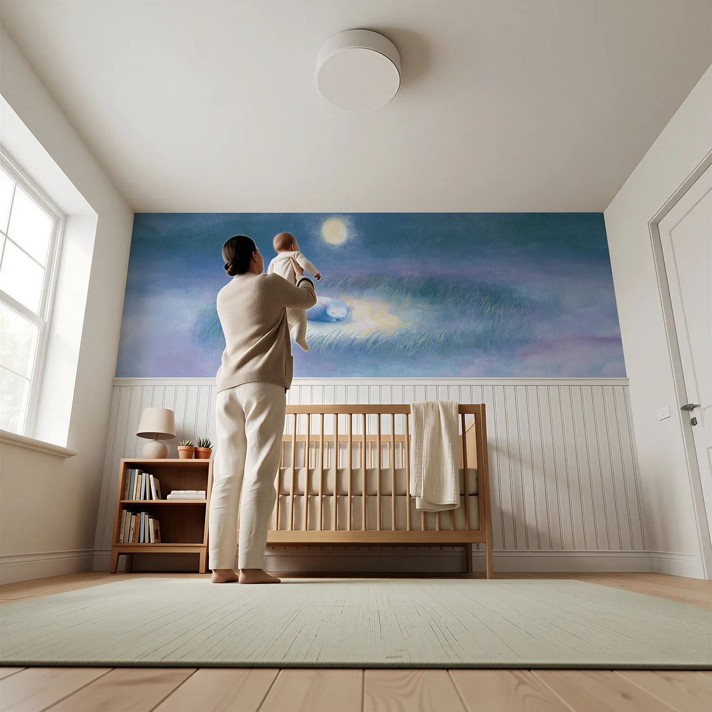 Child reading near Baby Dino Moonbeam Doze Wainscoting Wallpaper by Whimsy Tots