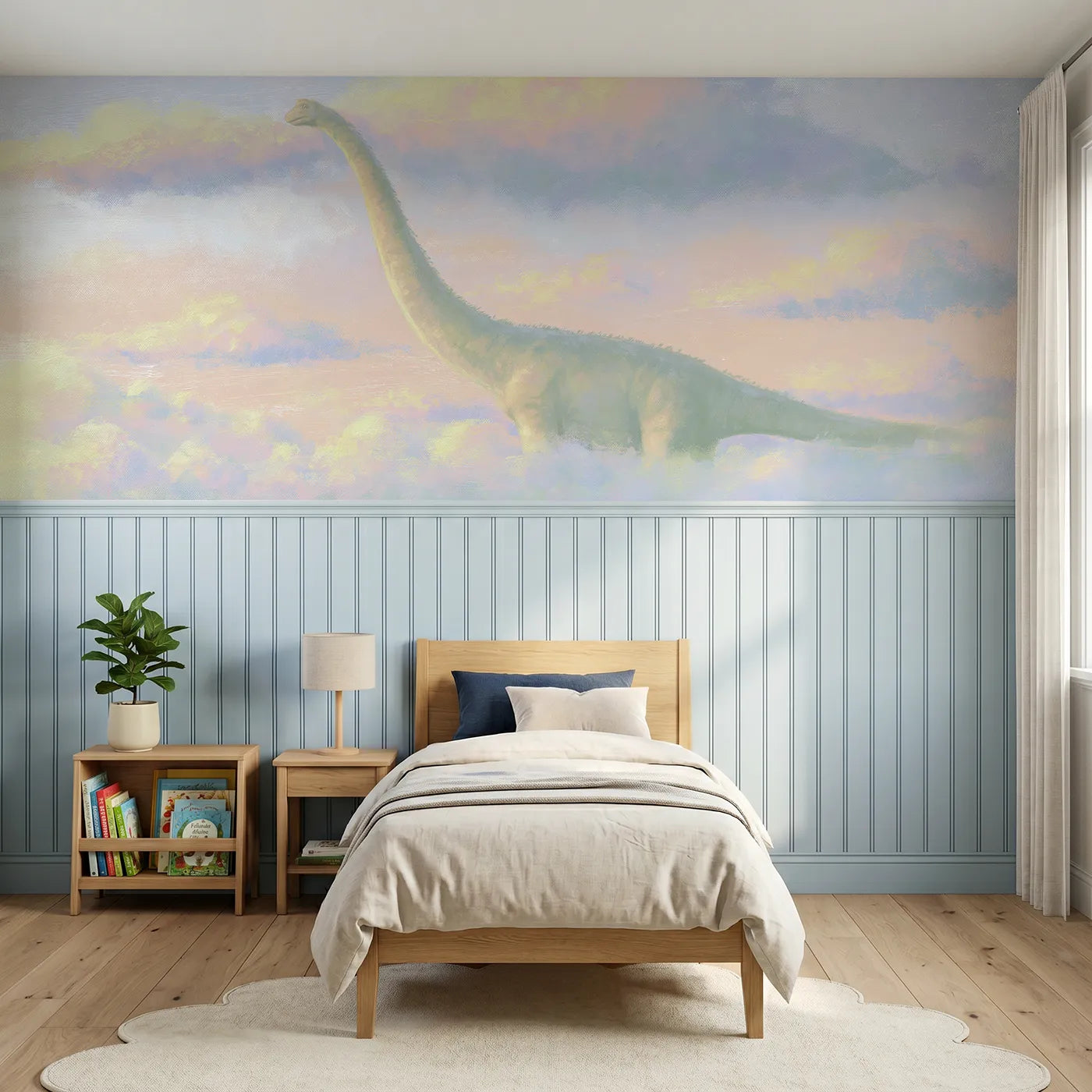 Soft pastel wainscoting mural of a sauropod nibbling a cloud by Whimsy Tots