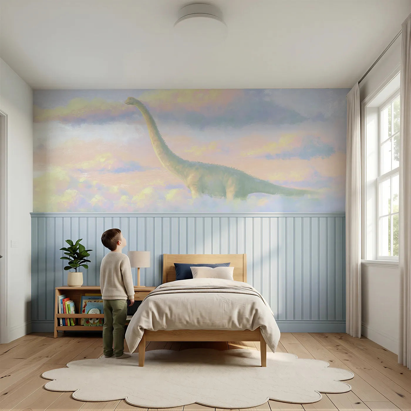 Child reading near Sauropod Cloud Nibble Dream Wainscoting Wallpaper by Whimsy Tots