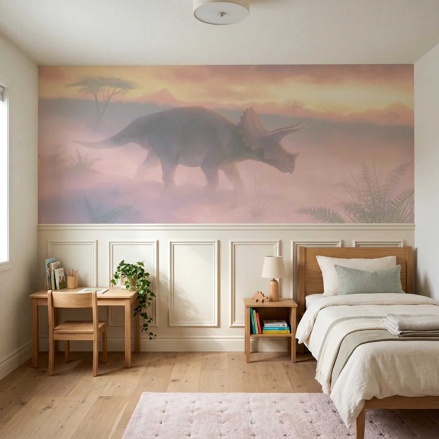 Soft pastel wainscoting wallpaper of a triceratops in rose-gold dusk by Whimsy Tots
