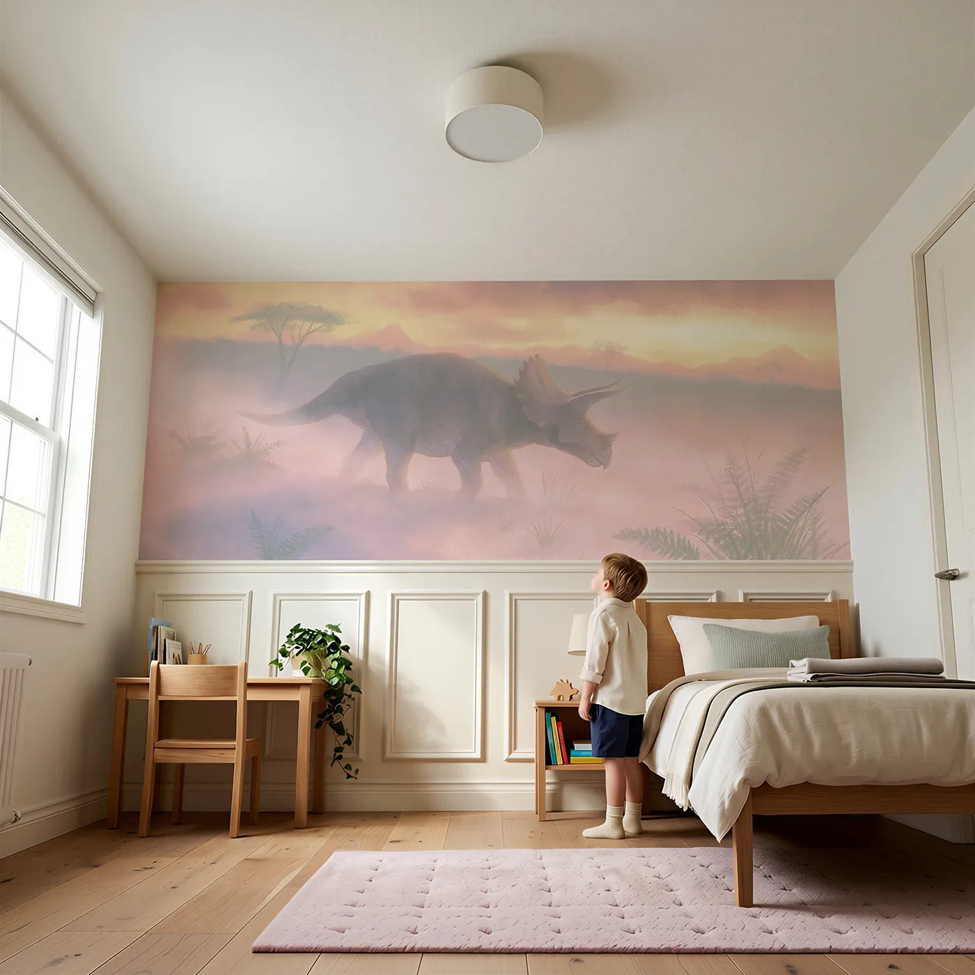 Child reading near Triceratops Dusk Quiet Stand Wainscoting Wallpaper by Whimsy Tots