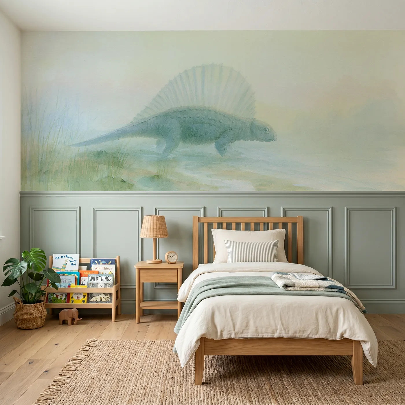 Soft pastel wainscoting wallpaper of a dimetrodon in morning fog by Whimsy Tots