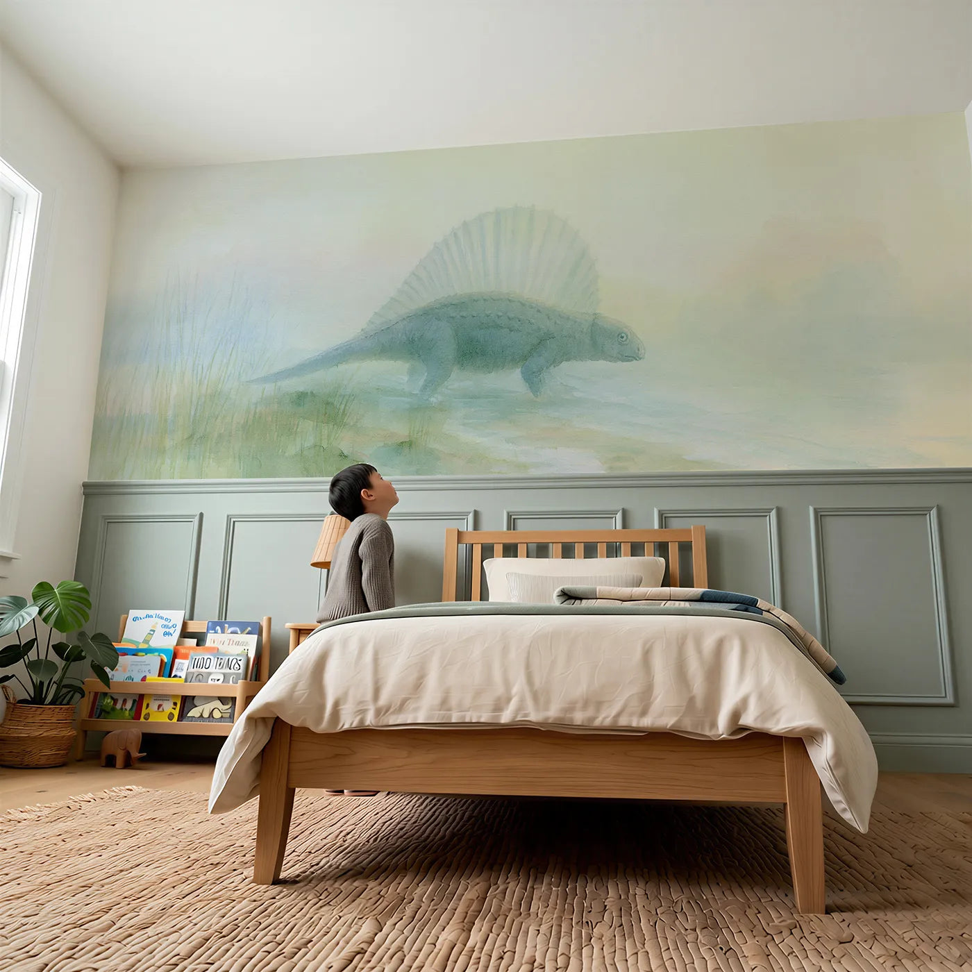 Child reading near Dimetrodon Foggy Meadow Morning Wainscoting Wallpaper by Whimsy Tots