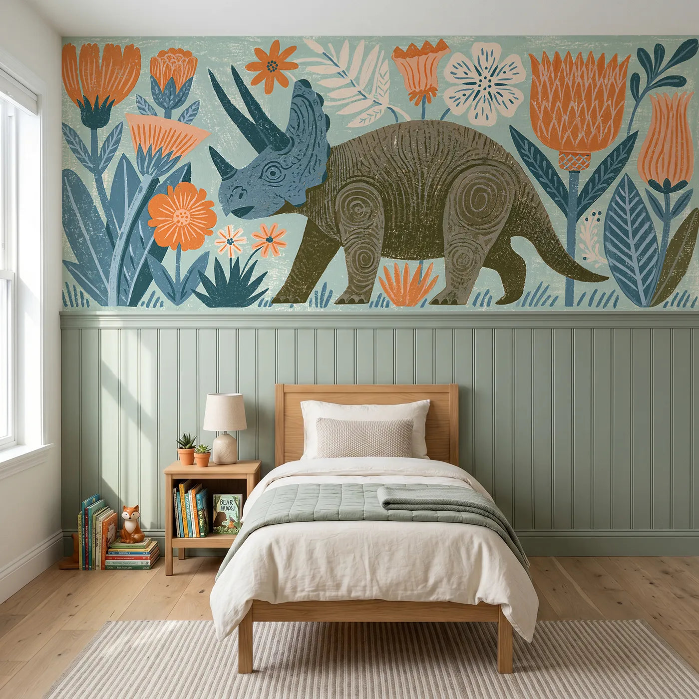 Block print wainscoting wallpaper of a carved triceratops among flowers by Whimsy Tots