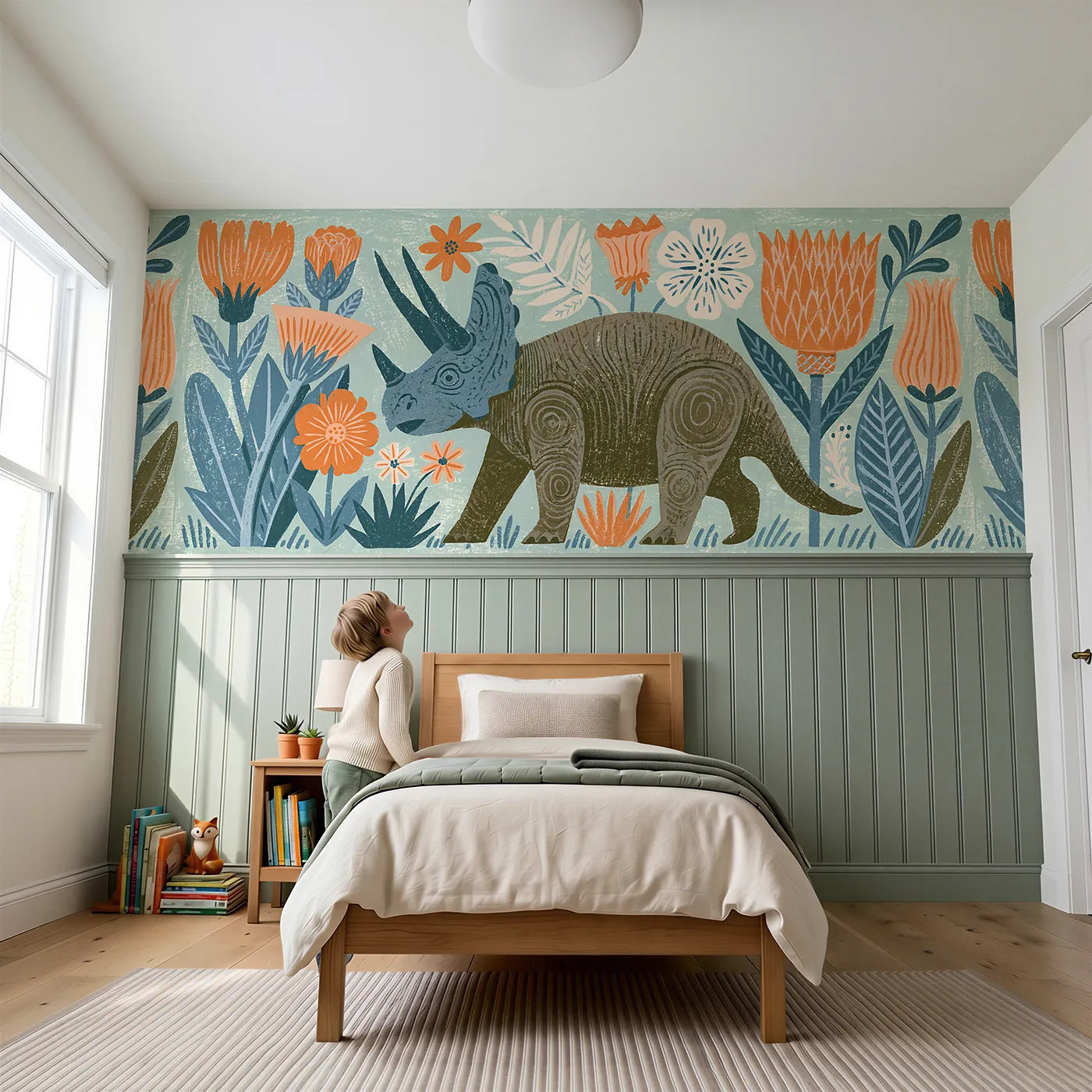 Child reading near Carved Triceratops Blooms Wainscoting Wallpaper by Whimsy Tots