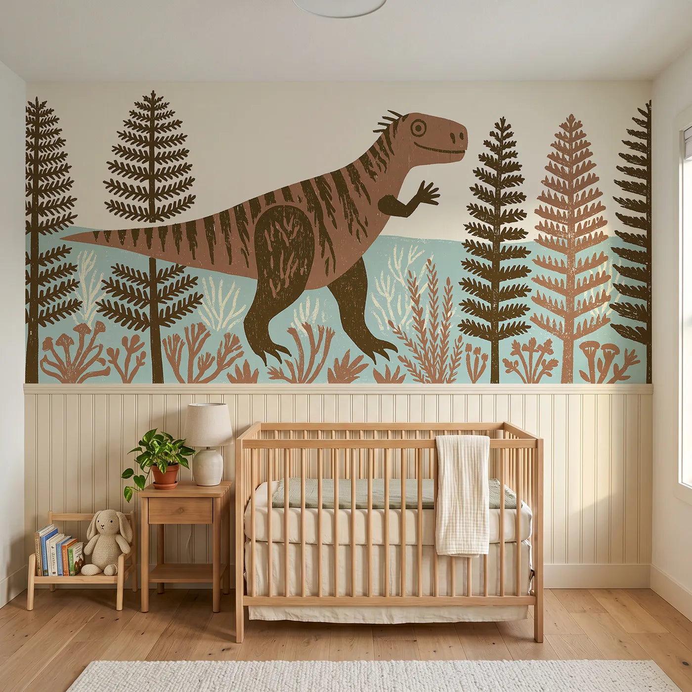 Block print wainscoting wallpaper of a carved t-rex waving hello by Whimsy Tots