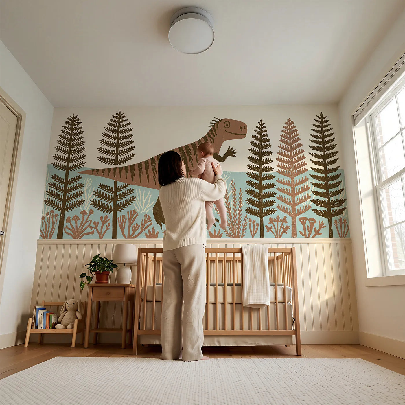 Child reading near Carved T-Rex Tiny Wave Wainscoting Wallpaper by Whimsy Tots