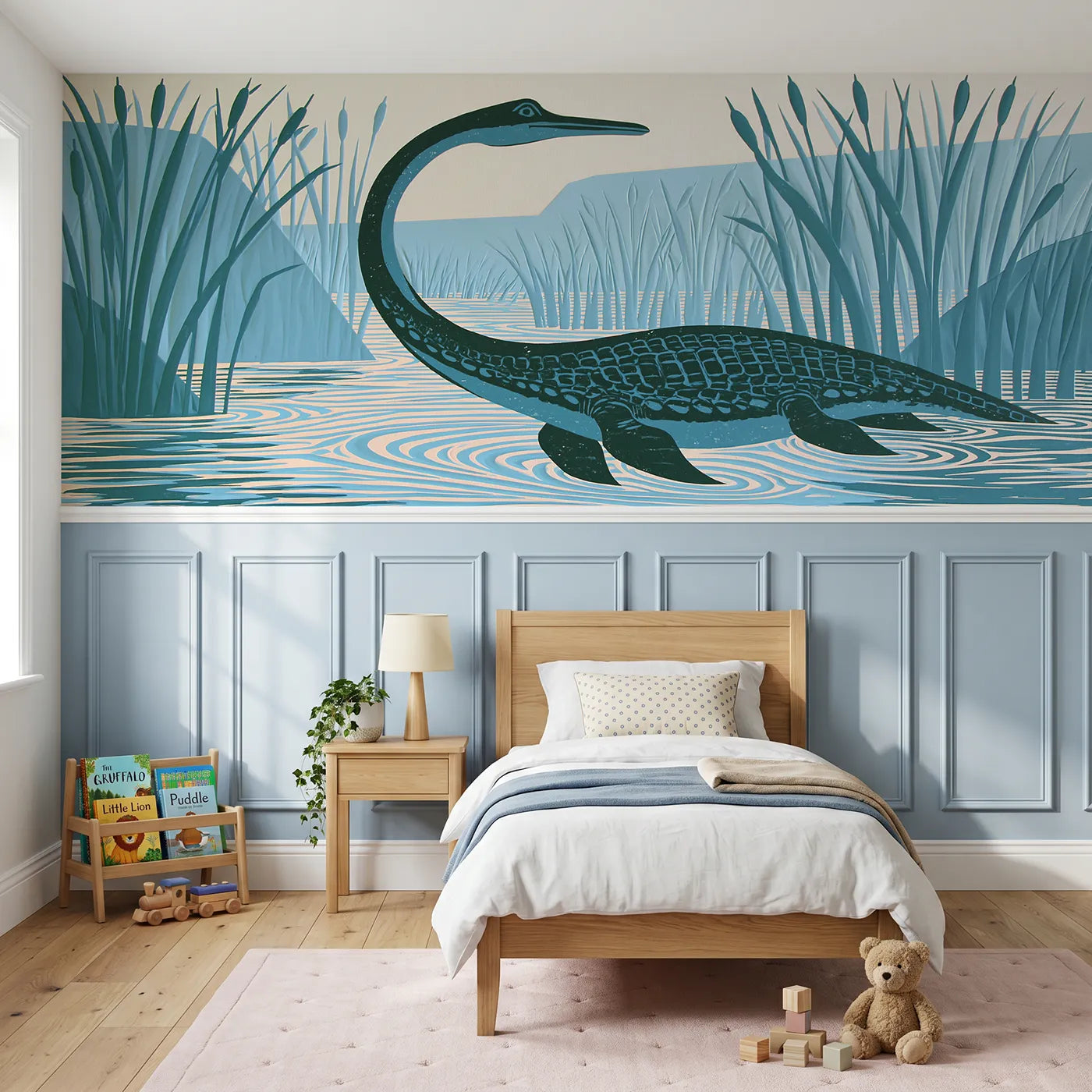 Block print wainscoting wallpaper of a carved plesiosaurus gliding a lagoon by Whimsy Tots