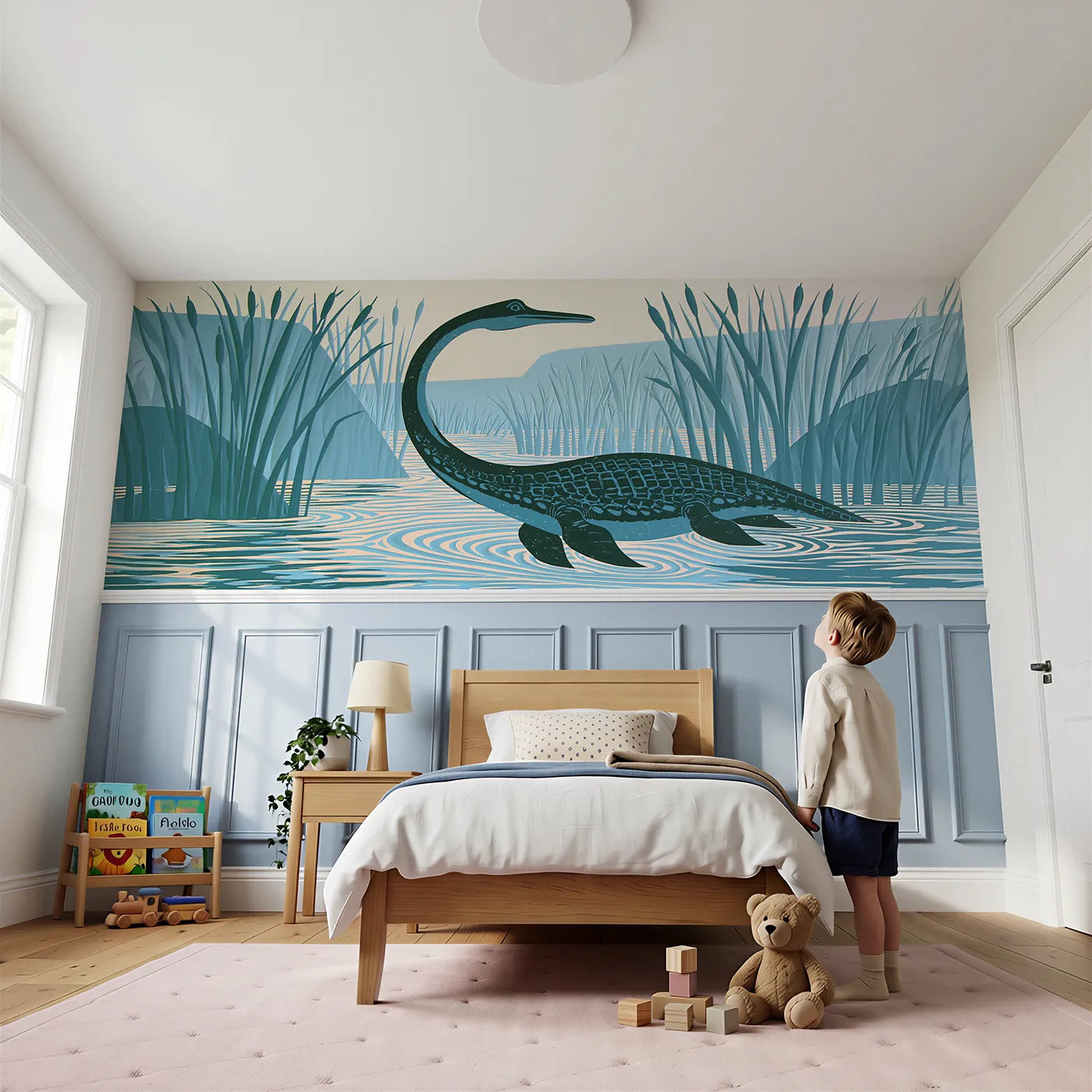 Child reading near Carved Plesiosaurus Calm Lagoon Wainscoting Wallpaper by Whimsy Tots