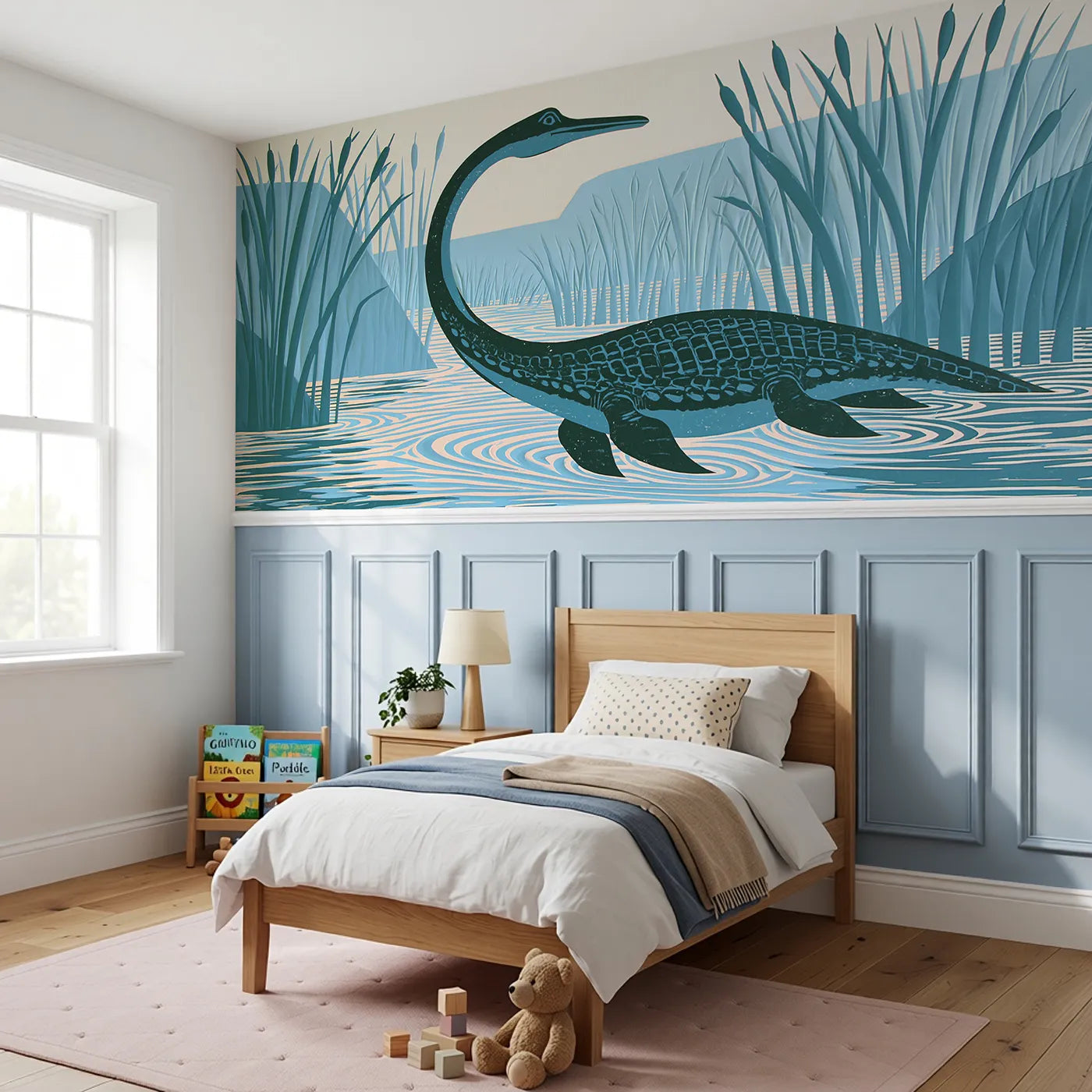 Carved Plesiosaurus Calm Lagoon Wainscoting Wallpaper styled in a kids room by Whimsy Tots