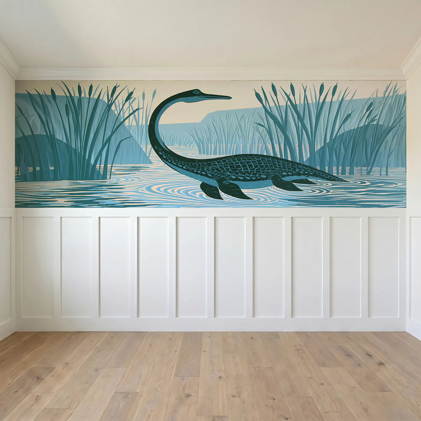 Full panel view of Carved Plesiosaurus Calm Lagoon Wainscoting Wallpaper by Whimsy Tots