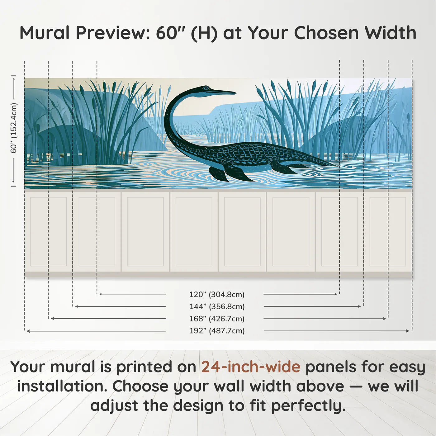 Panel dimensions for Carved Plesiosaurus Calm Lagoon Wainscoting Wallpaper by Whimsy Tots