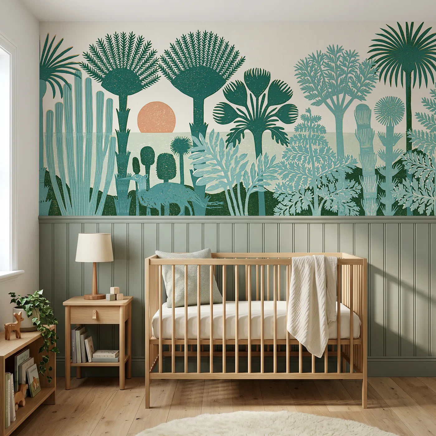 Block print wainscoting mural of carved ferns and a morning sun by Whimsy Tots