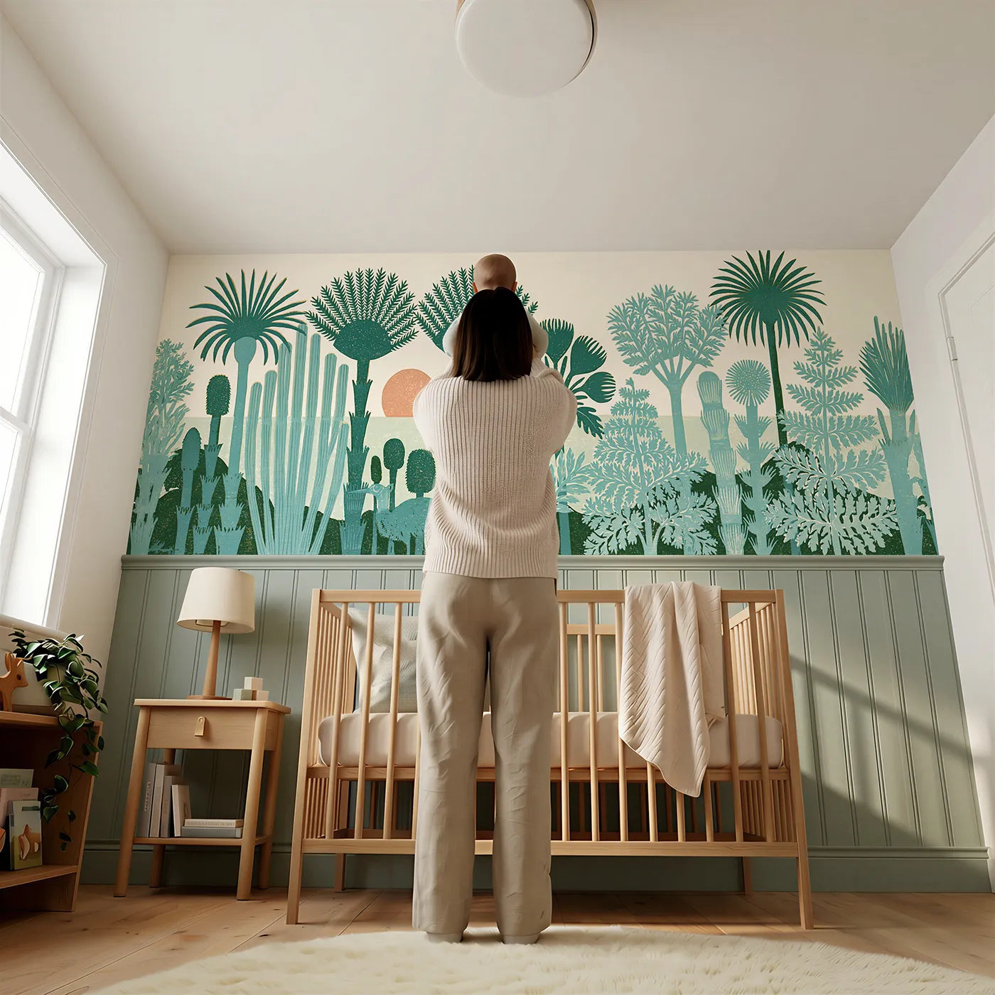 Child reading near Carved Fern Valley Morning Wainscoting Wallpaper by Whimsy Tots