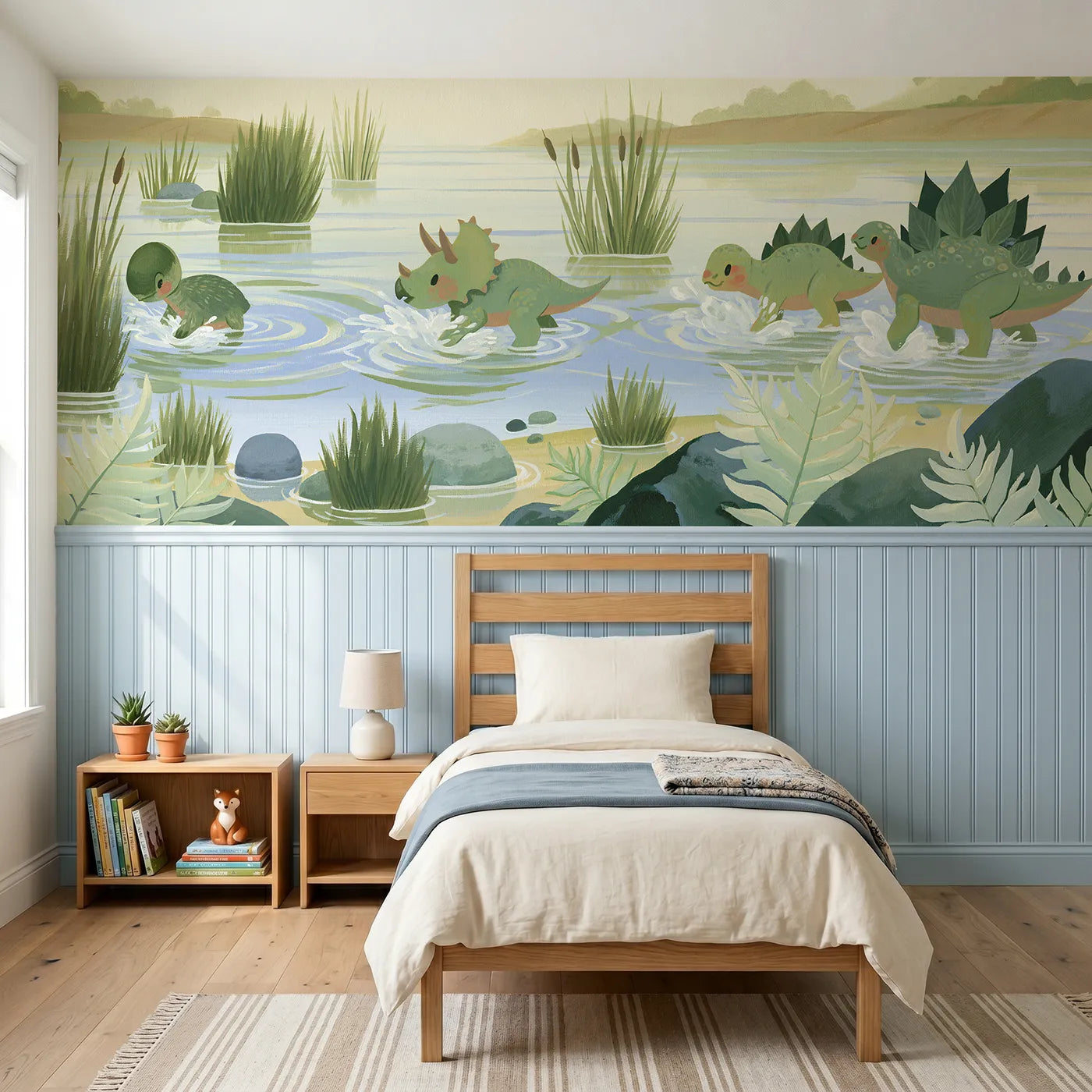 Modern illustration wainscoting wallpaper of baby dinos splashing a lagoon by Whimsy Tots