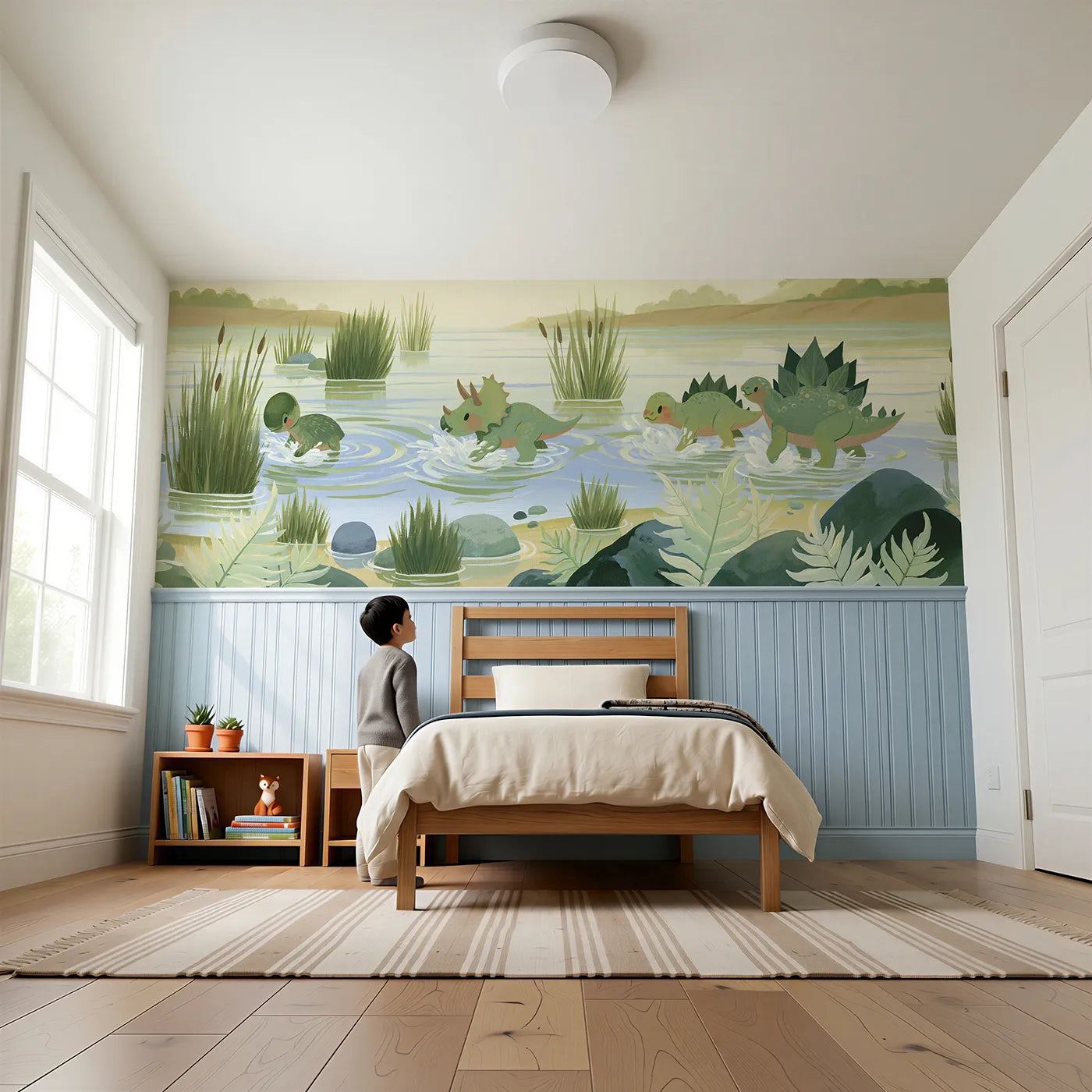Child reading near Painted Dino Splash Lagoon Wainscoting Wallpaper by Whimsy Tots