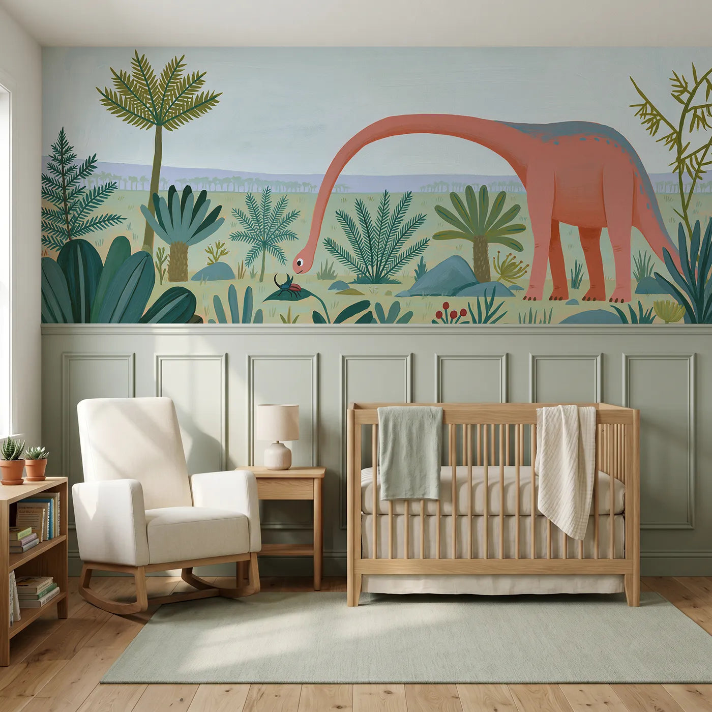 Modern illustration wainscoting wallpaper of a long-neck greeting a beetle by Whimsy Tots