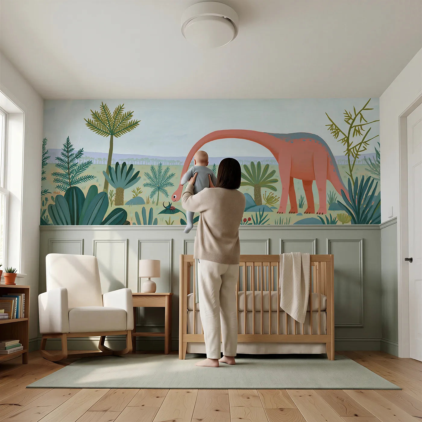 Child reading near Painted Long Neck Tall Hello Wainscoting Wallpaper by Whimsy Tots