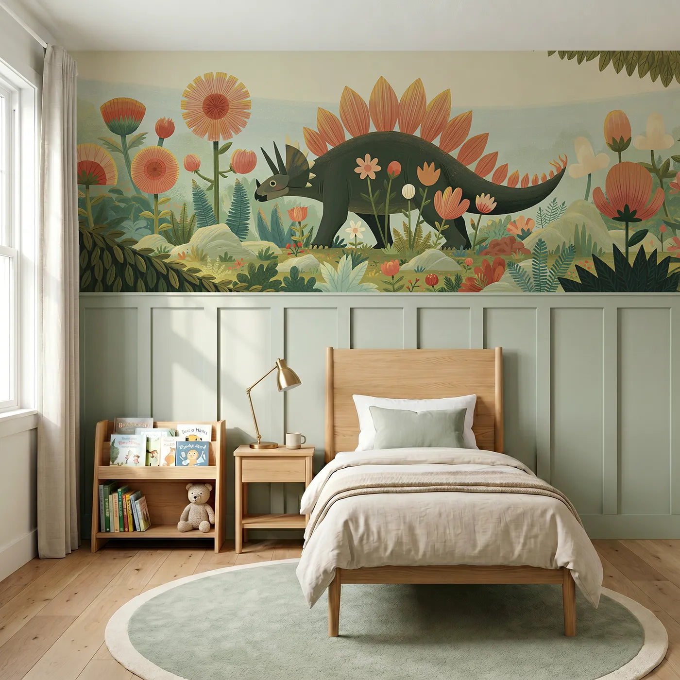 Modern illustration wainscoting mural of a stegosaurus in a plate-shaped garden by Whimsy Tots