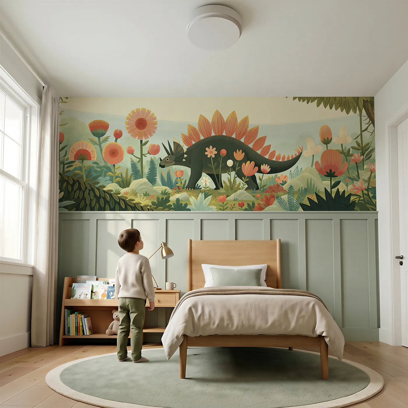 Child reading near Painted Stegosaurus Plate Garden Wainscoting Wallpaper by Whimsy Tots