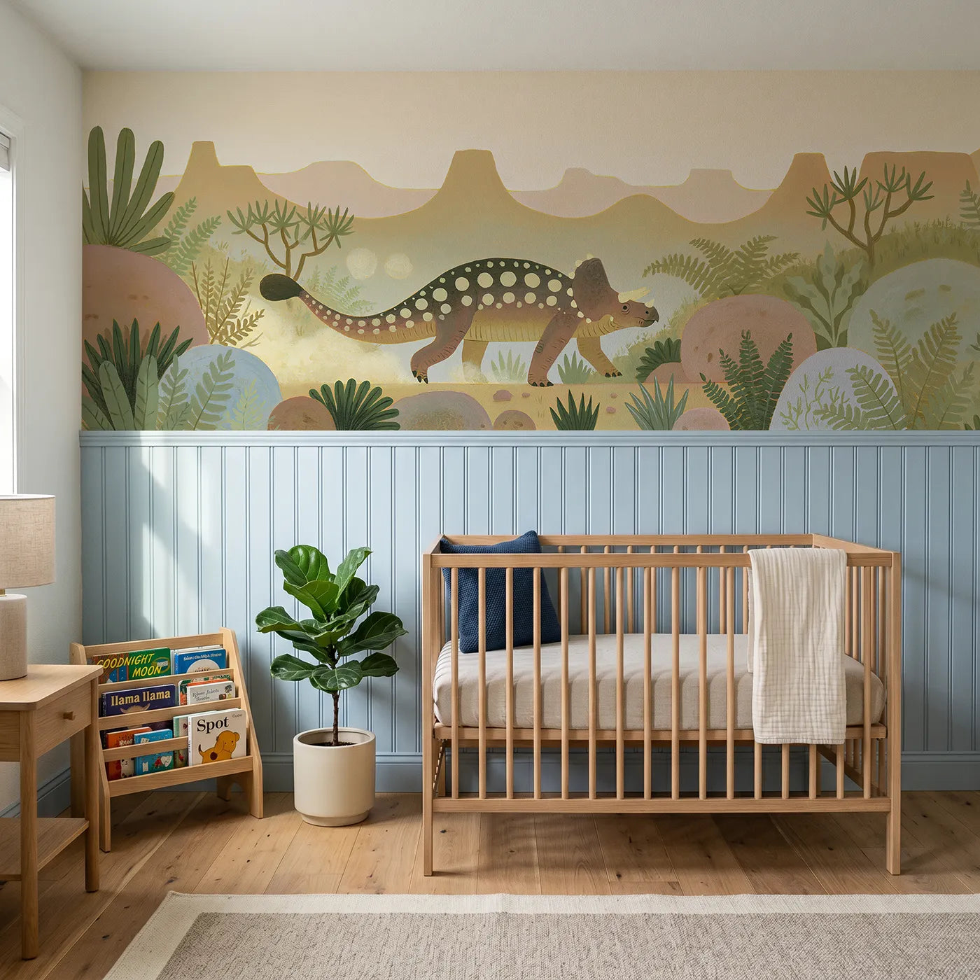 Modern illustration wainscoting wallpaper of an ankylosaurus trotting happily by Whimsy Tots