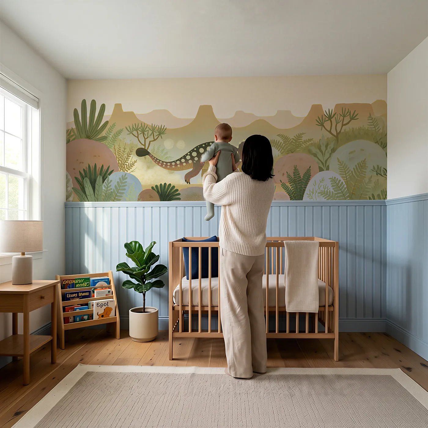 Child reading near Painted Ankylosaurus Happy Trot Wainscoting Wallpaper by Whimsy Tots