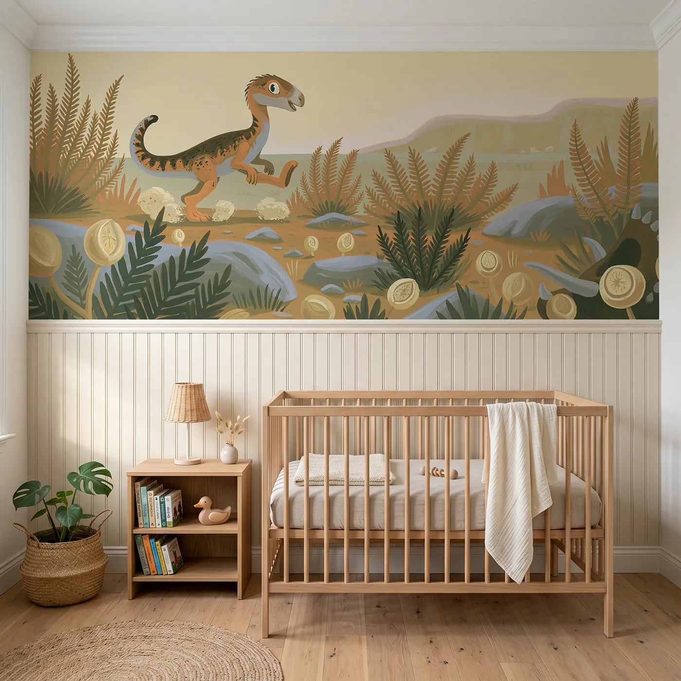 Modern illustration wainscoting wallpaper of a baby dino stomping happily by Whimsy Tots